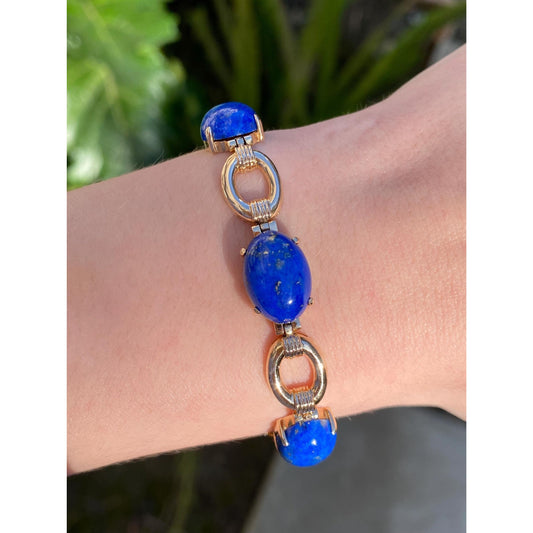 Solid 14k Yellow Gold Blue Lapis Lazuli Link Bracelet - 7 inches