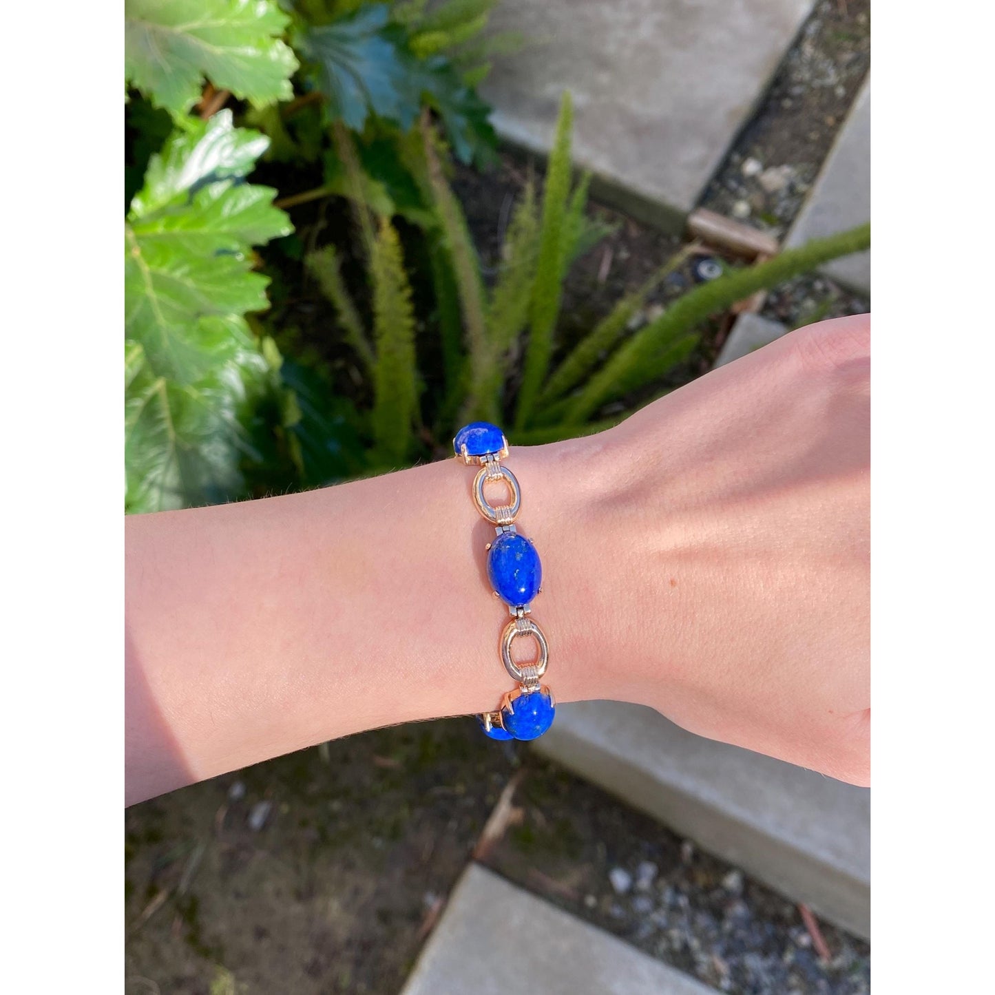 Solid 14k Yellow Gold Blue Lapis Lazuli Link Bracelet - 7 inches
