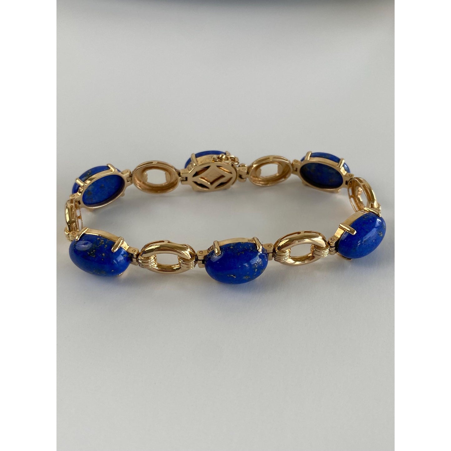 Solid 14k Yellow Gold Blue Lapis Lazuli Link Bracelet - 7 inches