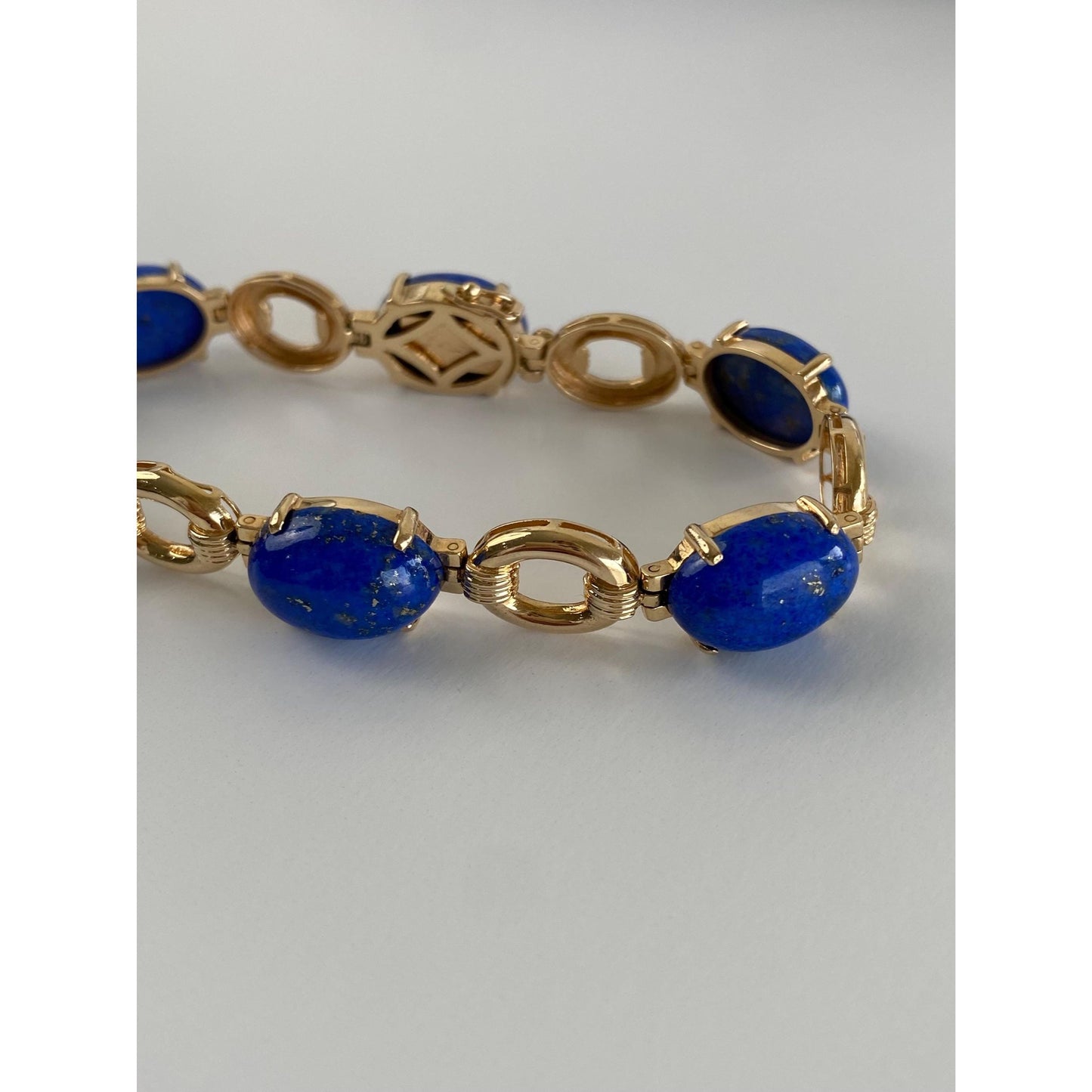 Solid 14k Yellow Gold Blue Lapis Lazuli Link Bracelet - 7 inches
