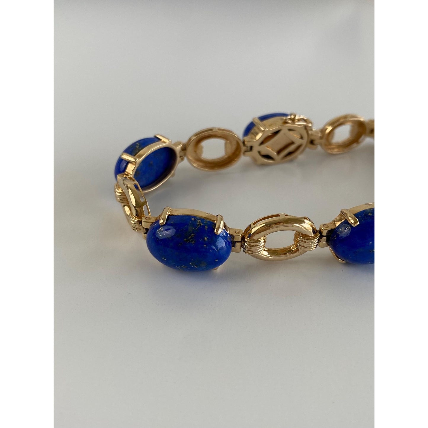 Solid 14k Yellow Gold Blue Lapis Lazuli Link Bracelet - 7 inches