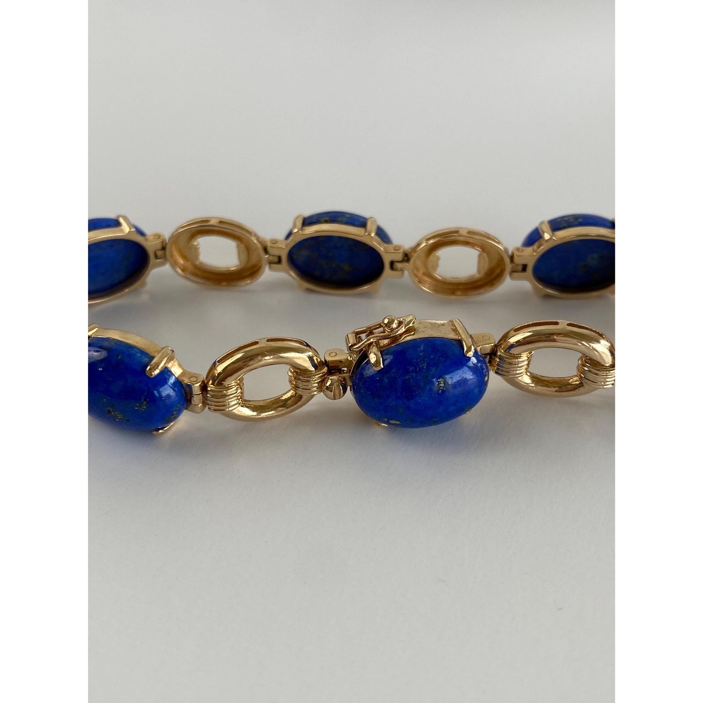 Solid 14k Yellow Gold Blue Lapis Lazuli Link Bracelet - 7 inches
