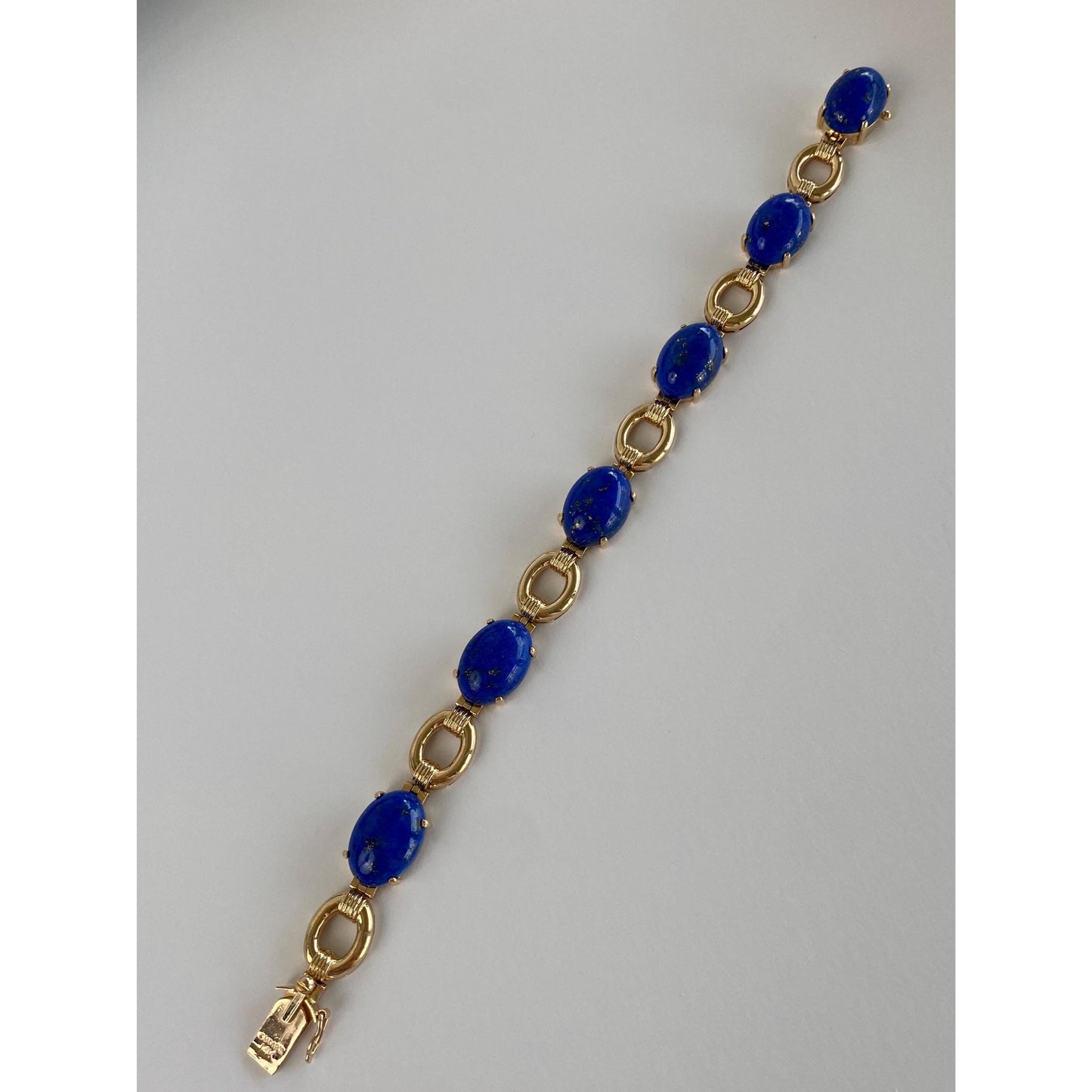 Solid 14k Yellow Gold Blue Lapis Lazuli Link Bracelet - 7 inches