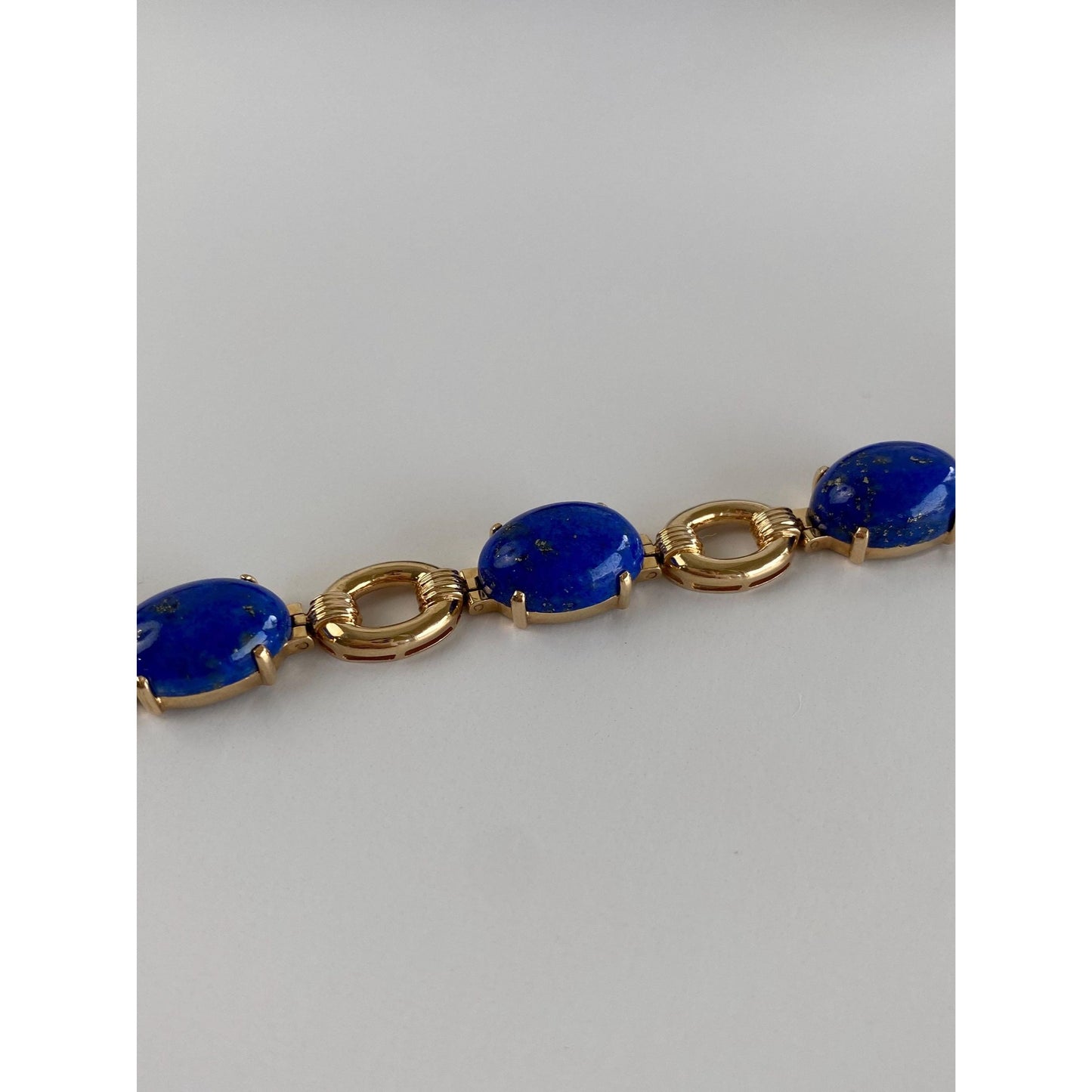 Solid 14k Yellow Gold Blue Lapis Lazuli Link Bracelet - 7 inches