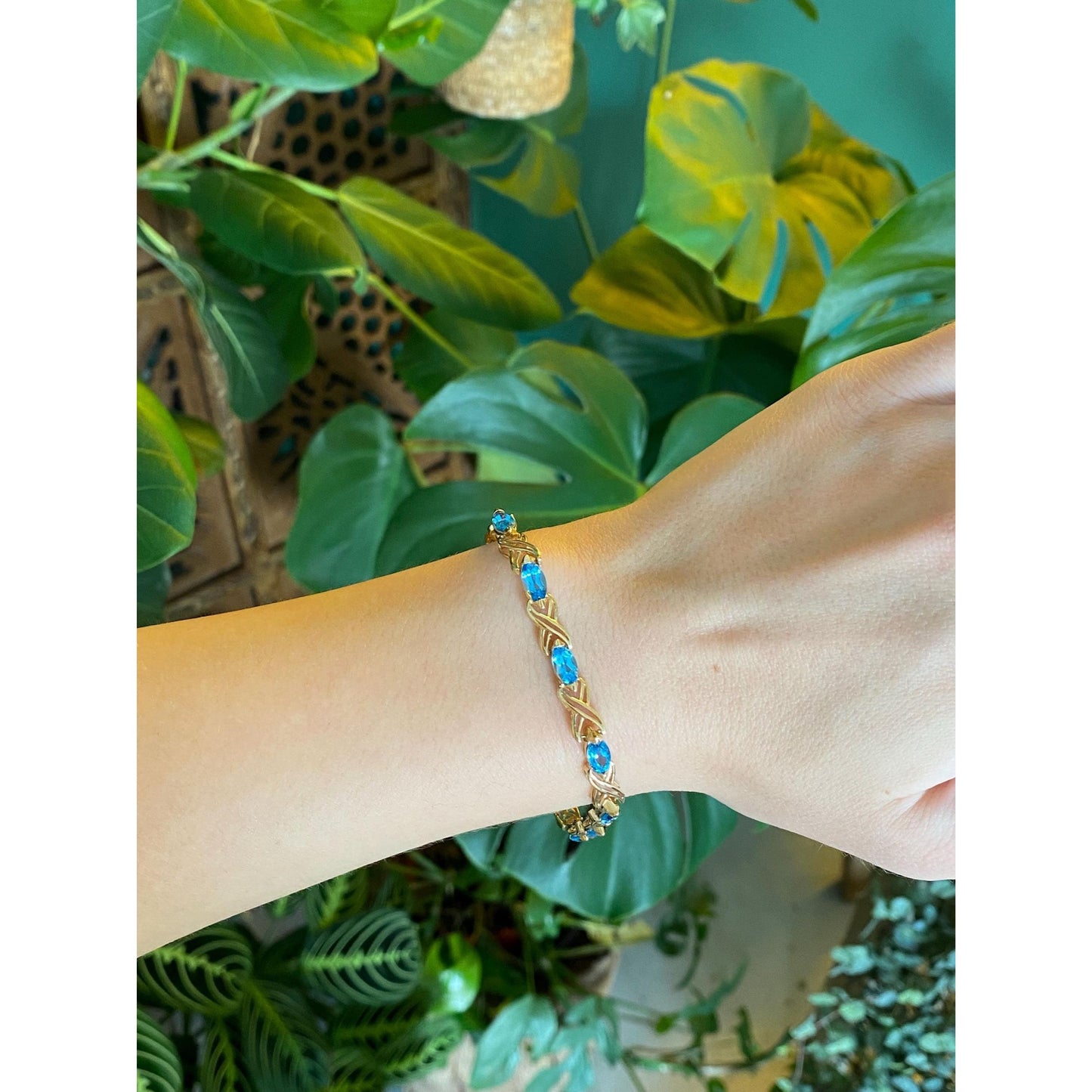 Vintage Solid 10k Yellow Gold Topaz X Link Bracelet - 7.25 inches