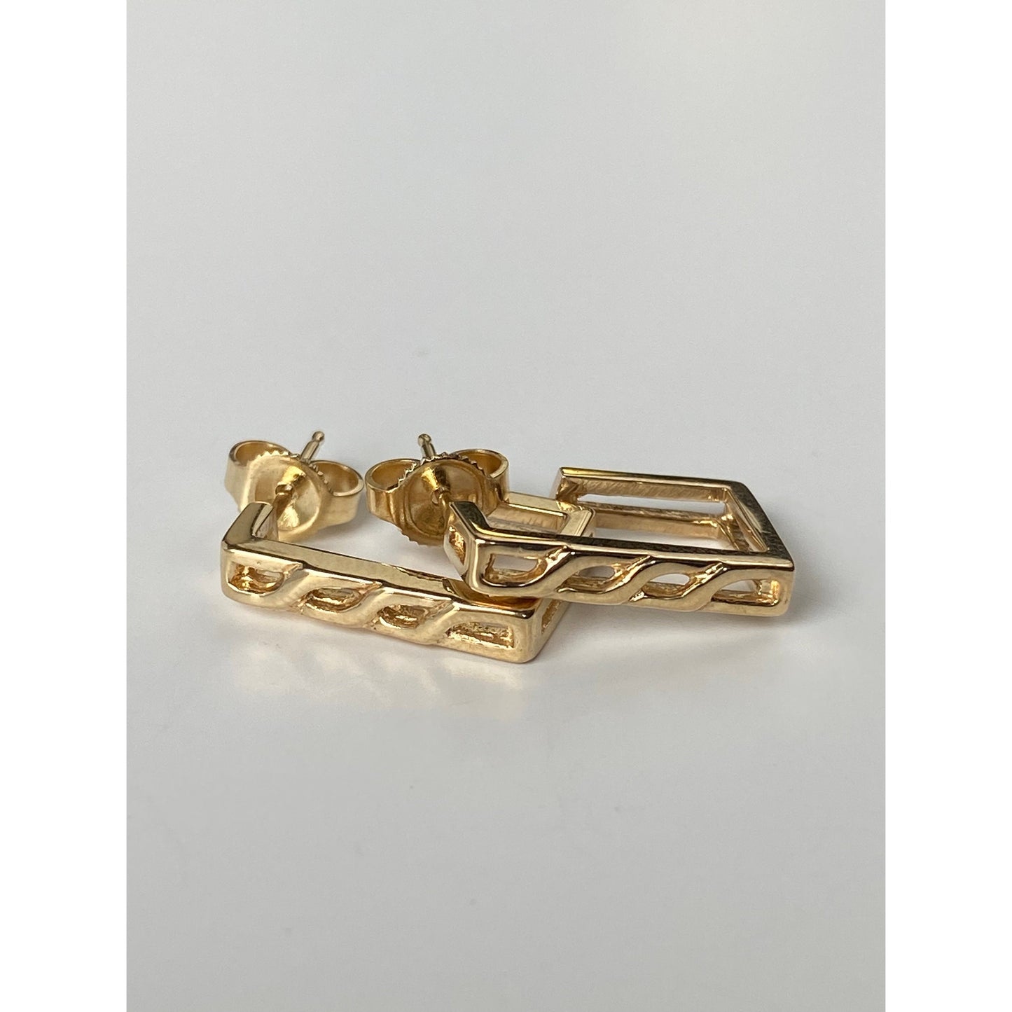 Vintage Solid 14k Yellow Gold Patterned Rectangle Hoop Earrings