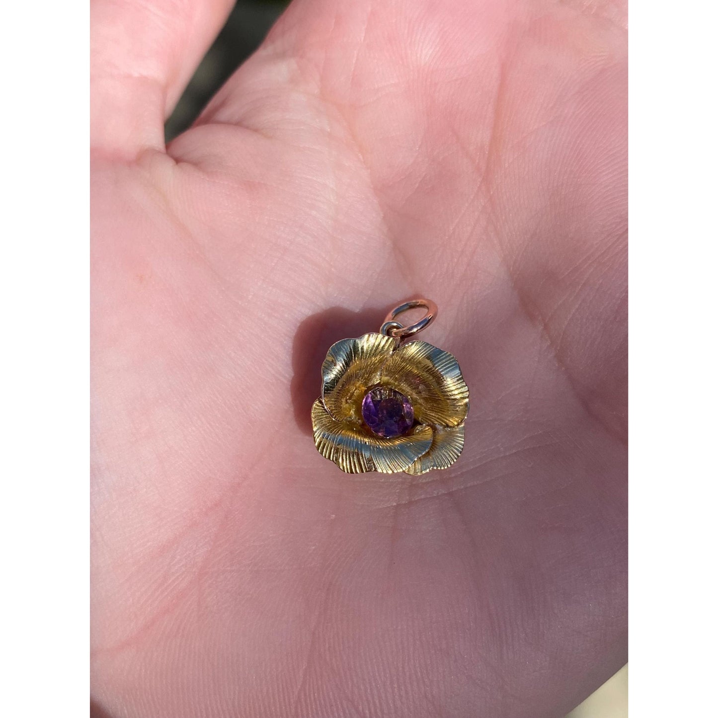 Vintage Solid 14k Yellow Gold Purple Cubic Zirconia Flower Charm