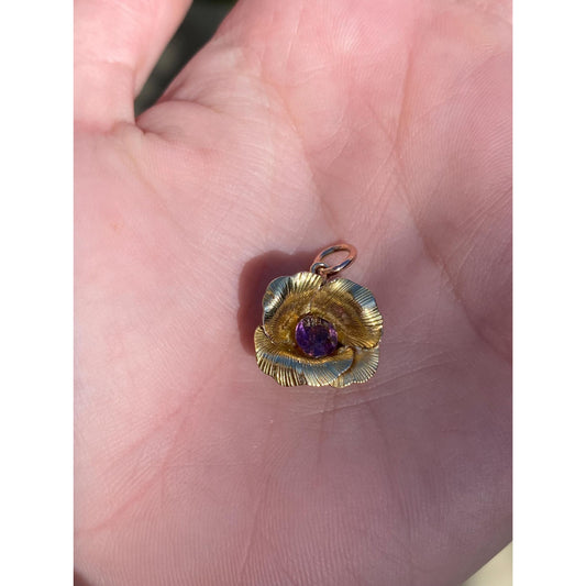 Vintage Solid 14k Yellow Gold Purple Cubic Zirconia Flower Charm