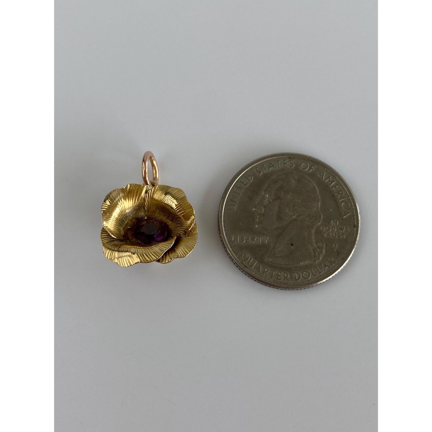 Vintage Solid 14k Yellow Gold Purple Cubic Zirconia Flower Charm