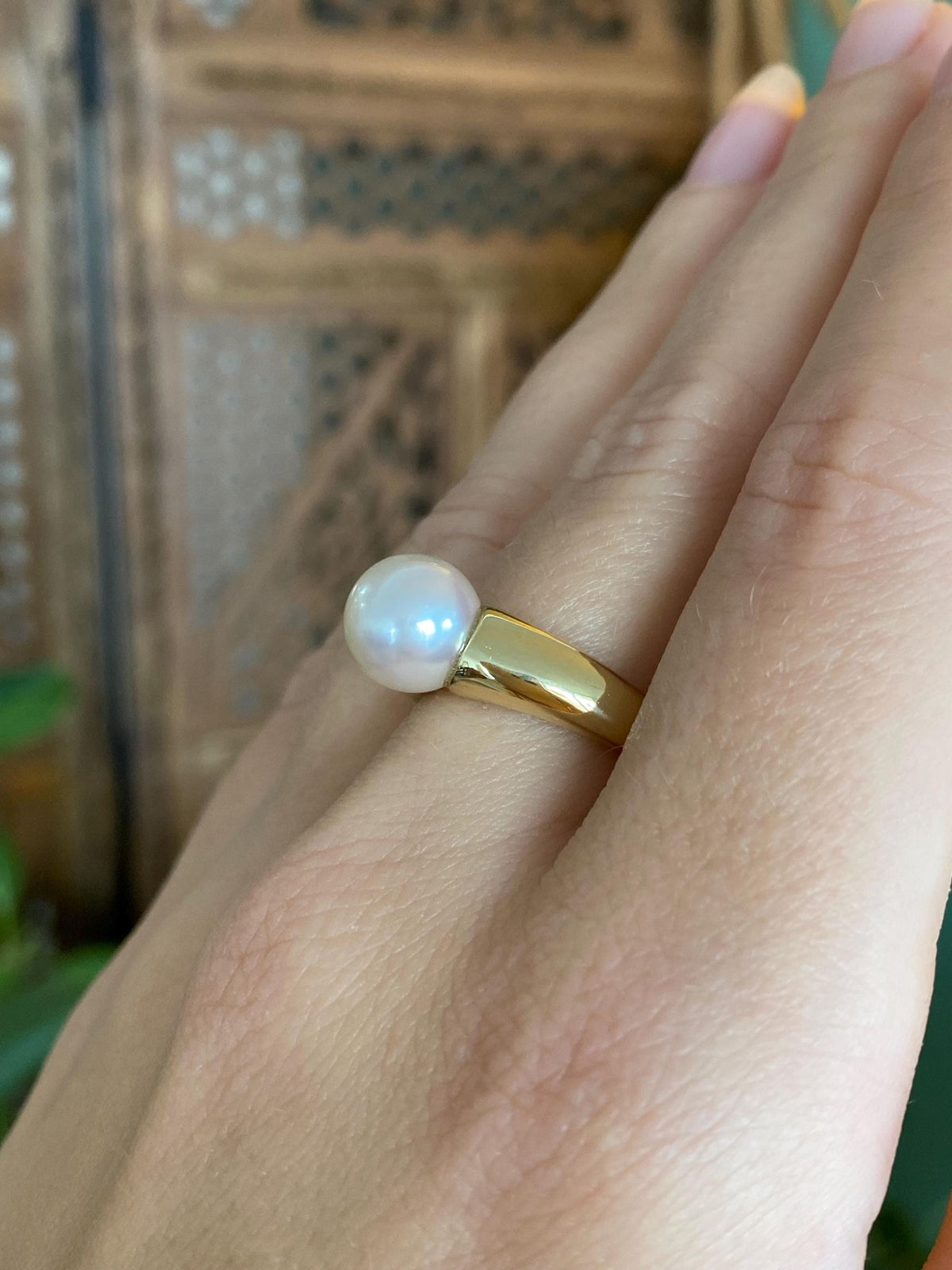 Vintage Solid 18k Yellow Gold Pearl Ring - Size 7.25