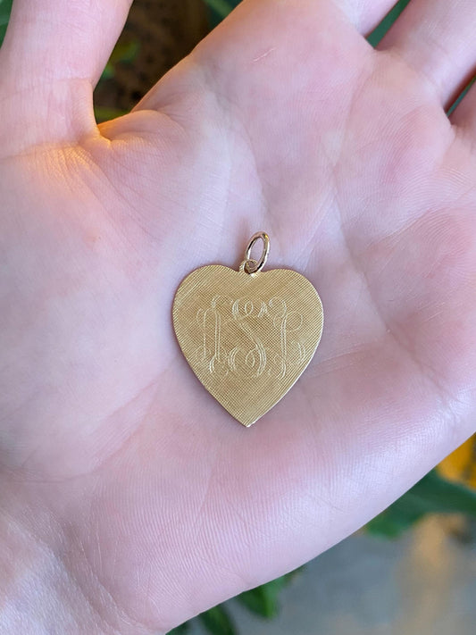 Vintage Solid 14k Yellow Gold Monogram Crosshatch Heart Charm