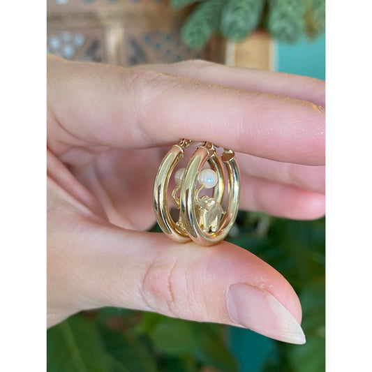 Vintage 14k Yellow Gold Elephant Pearl Hoop Earrings