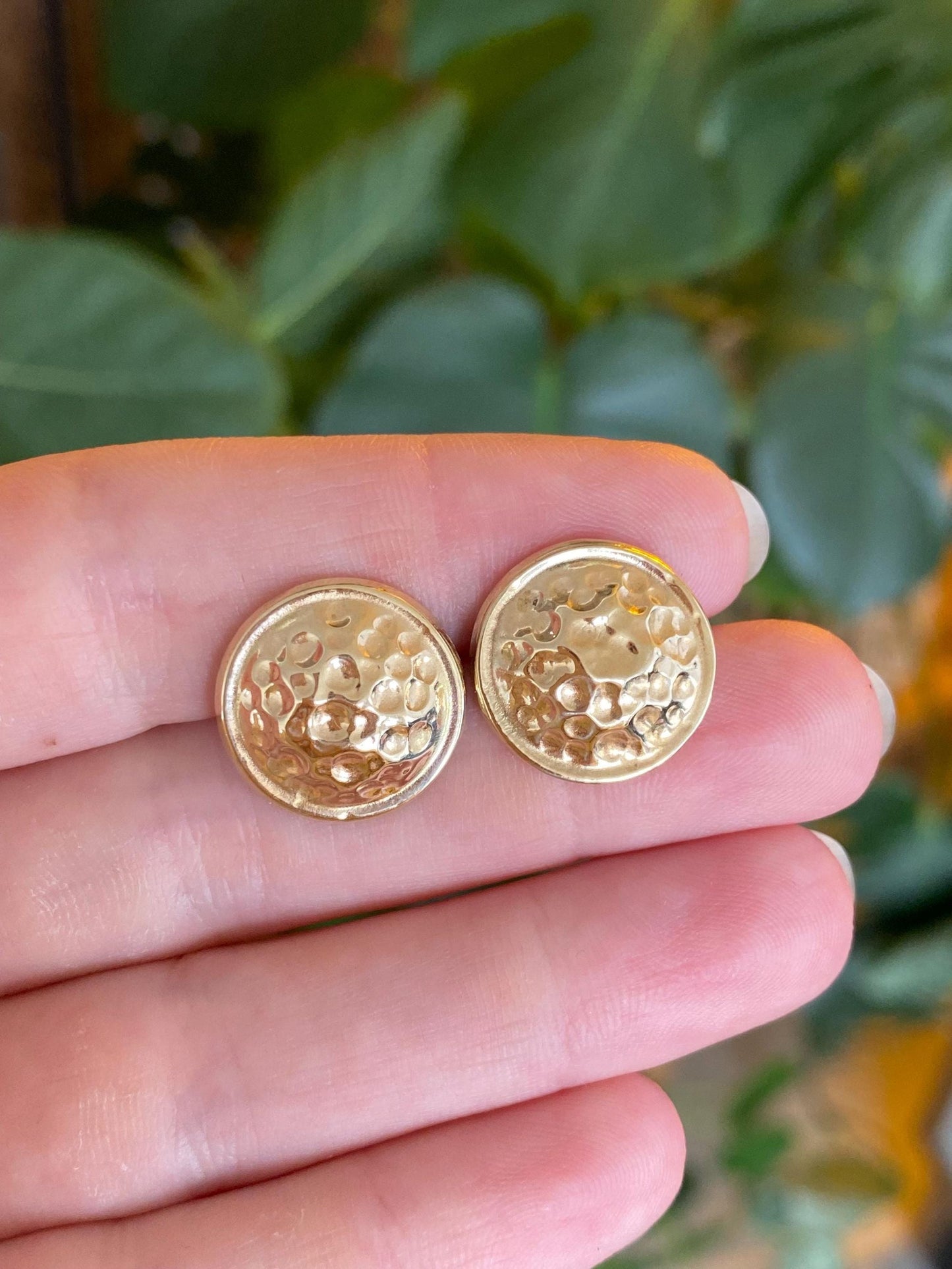 Vintage Solid 14k Yellow Gold Hammered Texture Domed Stud Earrings