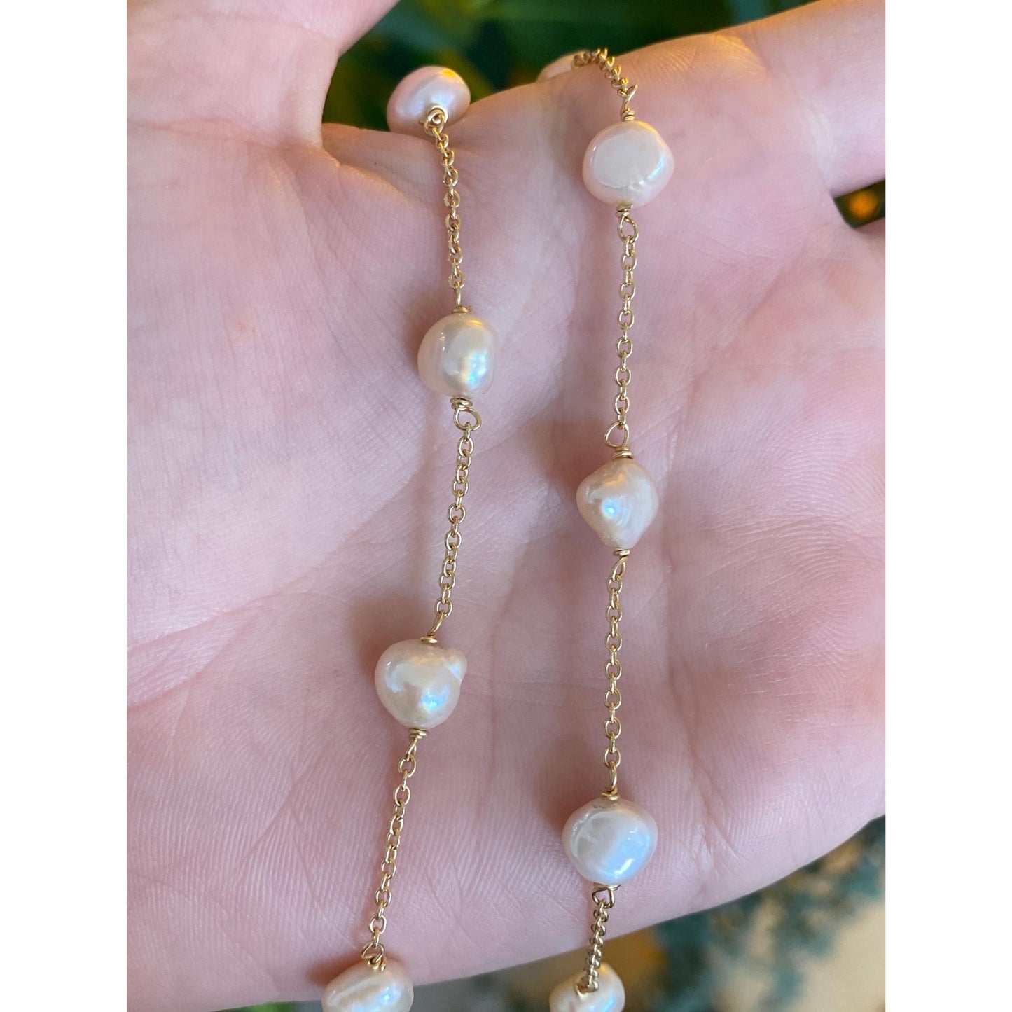 Vintage Solid 14k Yellow Gold Pearls Cable Chain Necklace - 15.75 inches