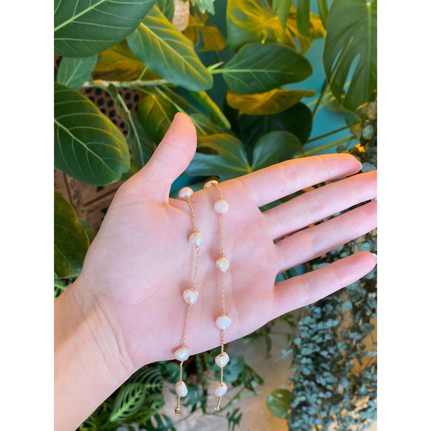 Vintage Solid 14k Yellow Gold Pearls Cable Chain Necklace - 15.75 inches