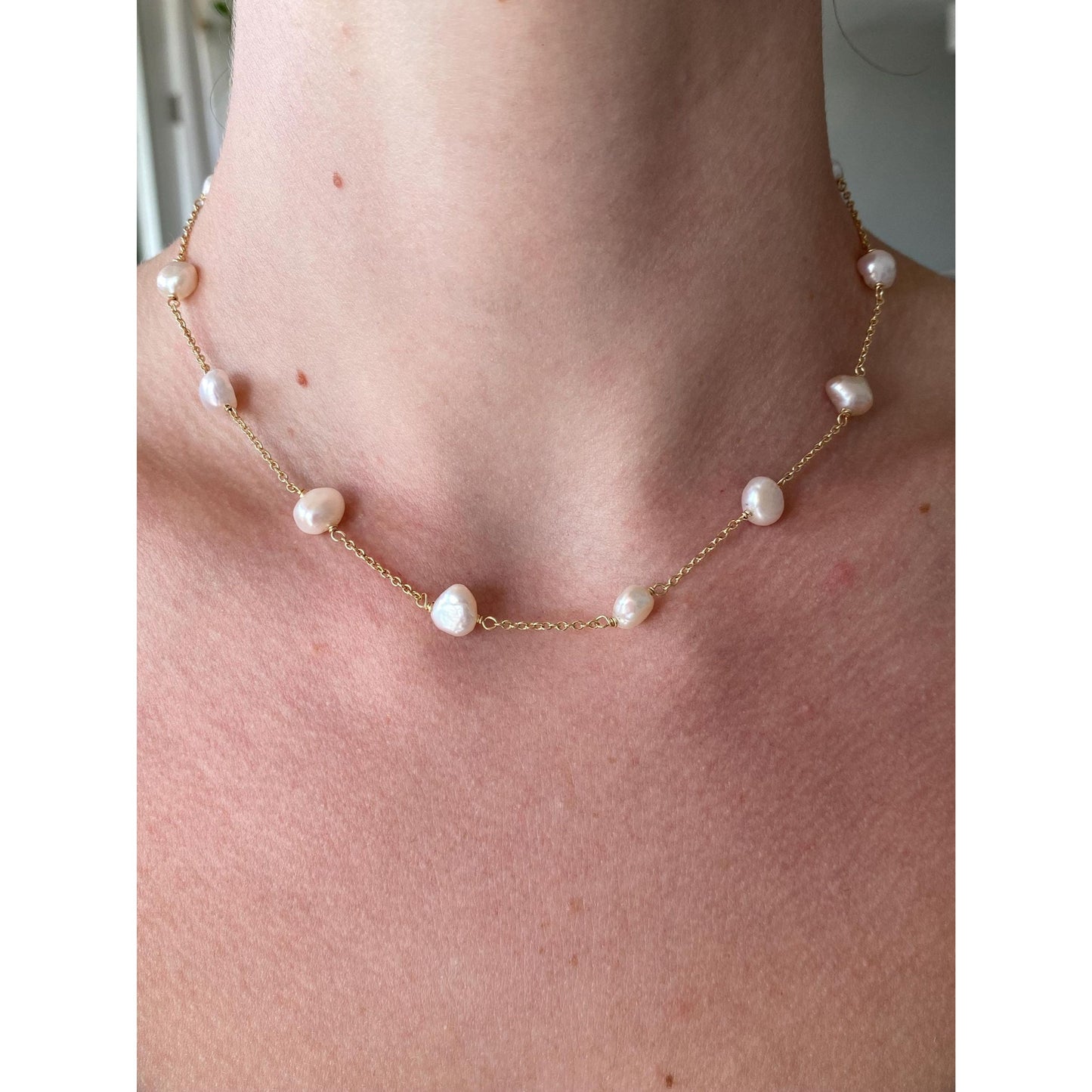 Vintage Solid 14k Yellow Gold Pearls Cable Chain Necklace - 15.75 inches