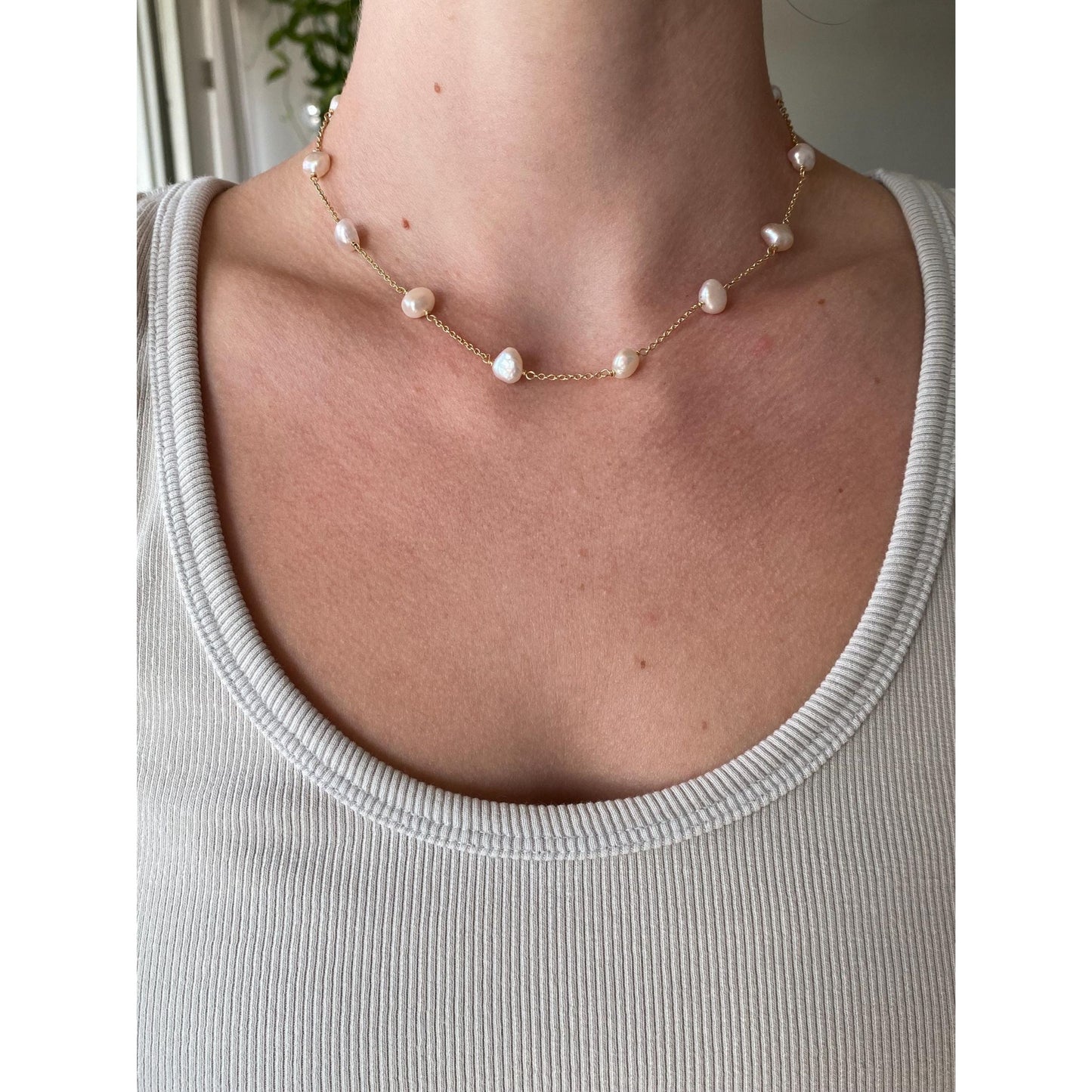 Vintage Solid 14k Yellow Gold Pearls Cable Chain Necklace - 15.75 inches