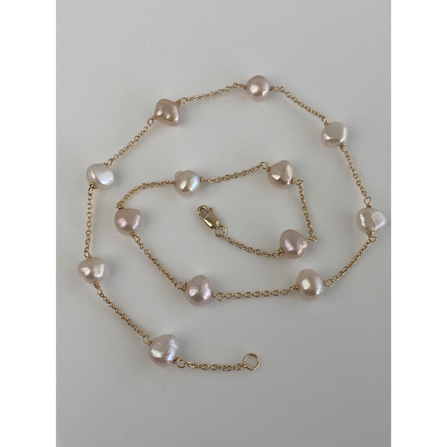 Vintage Solid 14k Yellow Gold Pearls Cable Chain Necklace - 15.75 inches