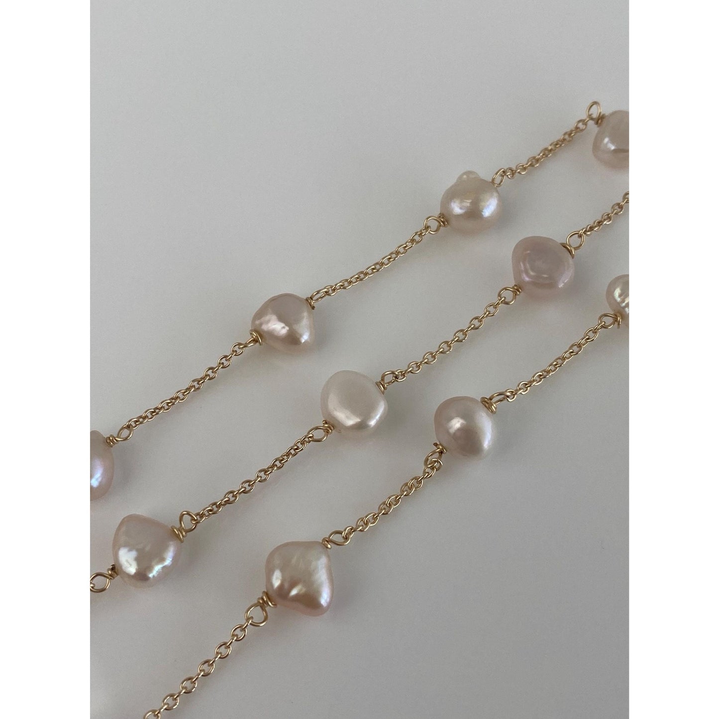 Vintage Solid 14k Yellow Gold Pearls Cable Chain Necklace - 15.75 inches