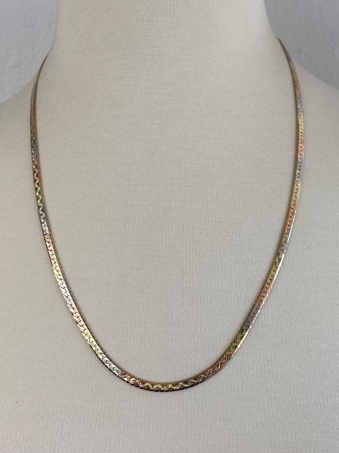 Vintage Solid 14k Tri Tone Gold Herringbone Chain Necklace - 24 inches
