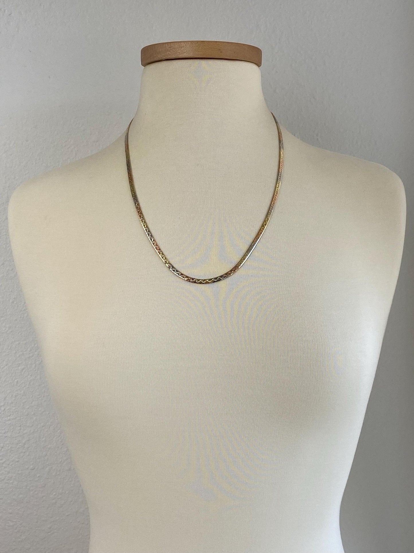Vintage Solid 14k Tri Tone Gold Herringbone Chain Necklace - 24 inches