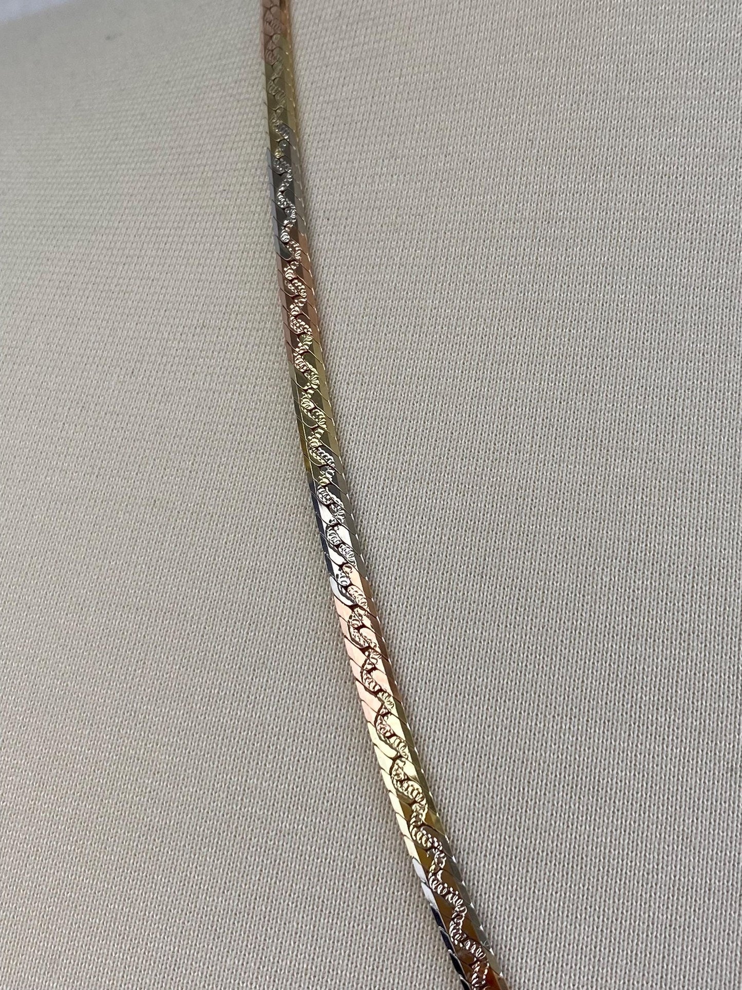 Vintage Solid 14k Tri Tone Gold Herringbone Chain Necklace - 24 inches