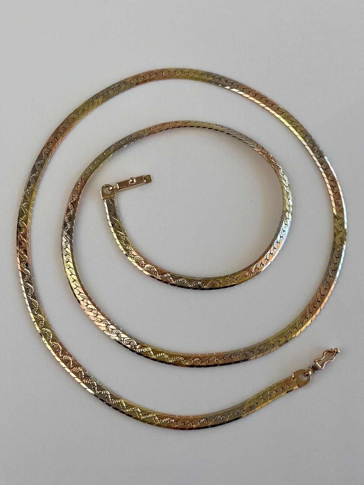 Vintage Solid 14k Tri Tone Gold Herringbone Chain Necklace - 24 inches