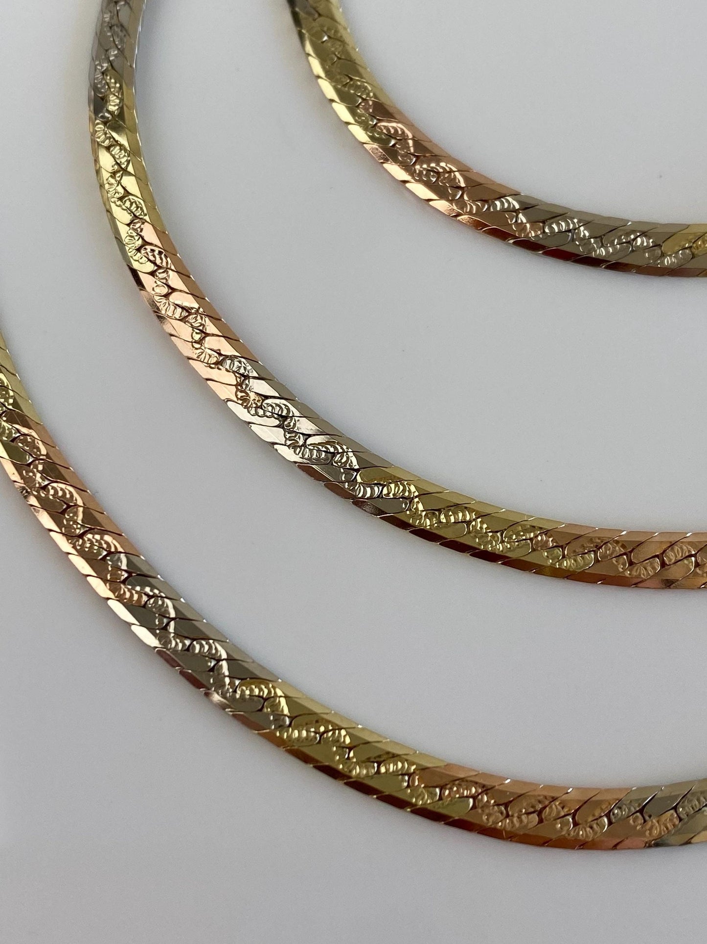 Vintage Solid 14k Tri Tone Gold Herringbone Chain Necklace - 24 inches