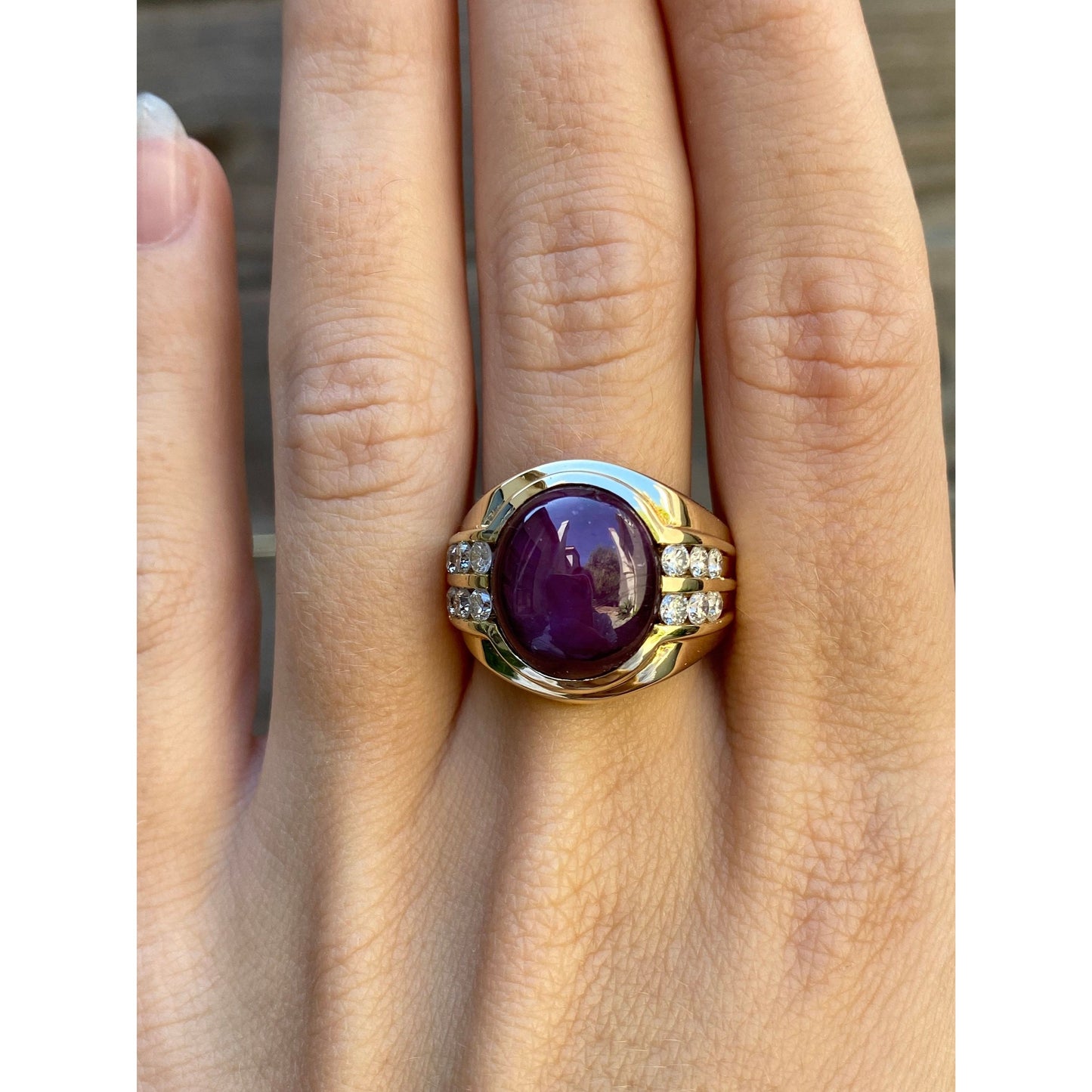 Solid 18k Yellow Gold Star Sapphire Diamond Ring - Size 10