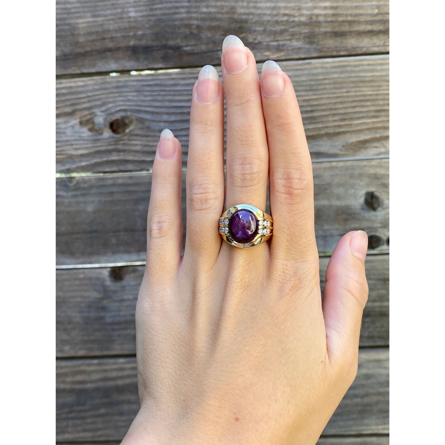 Solid 18k Yellow Gold Star Sapphire Diamond Ring - Size 10