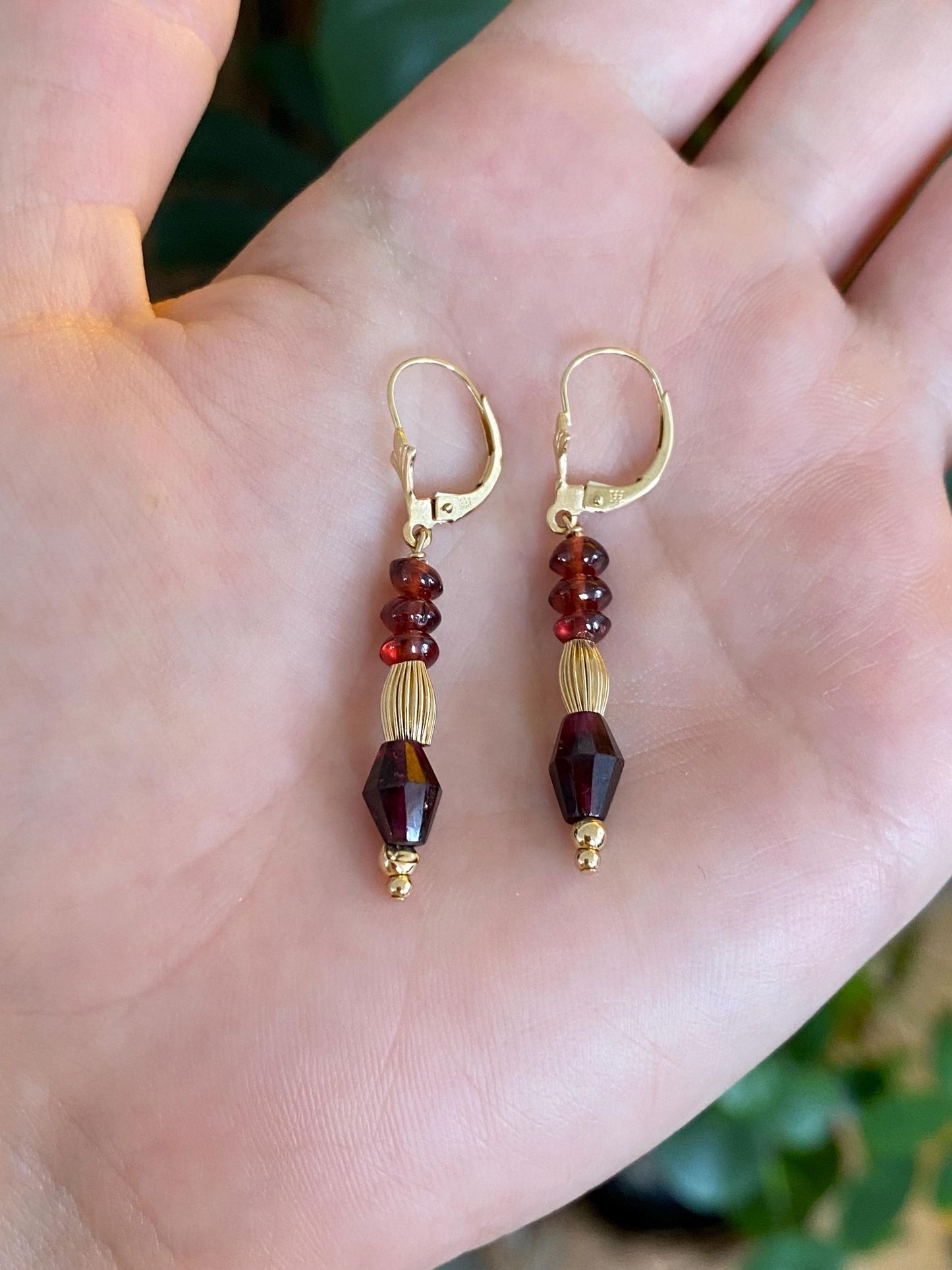 Vintage Solid 14k Yellow Gold Garnet Gold Bead Dangle Earrings
