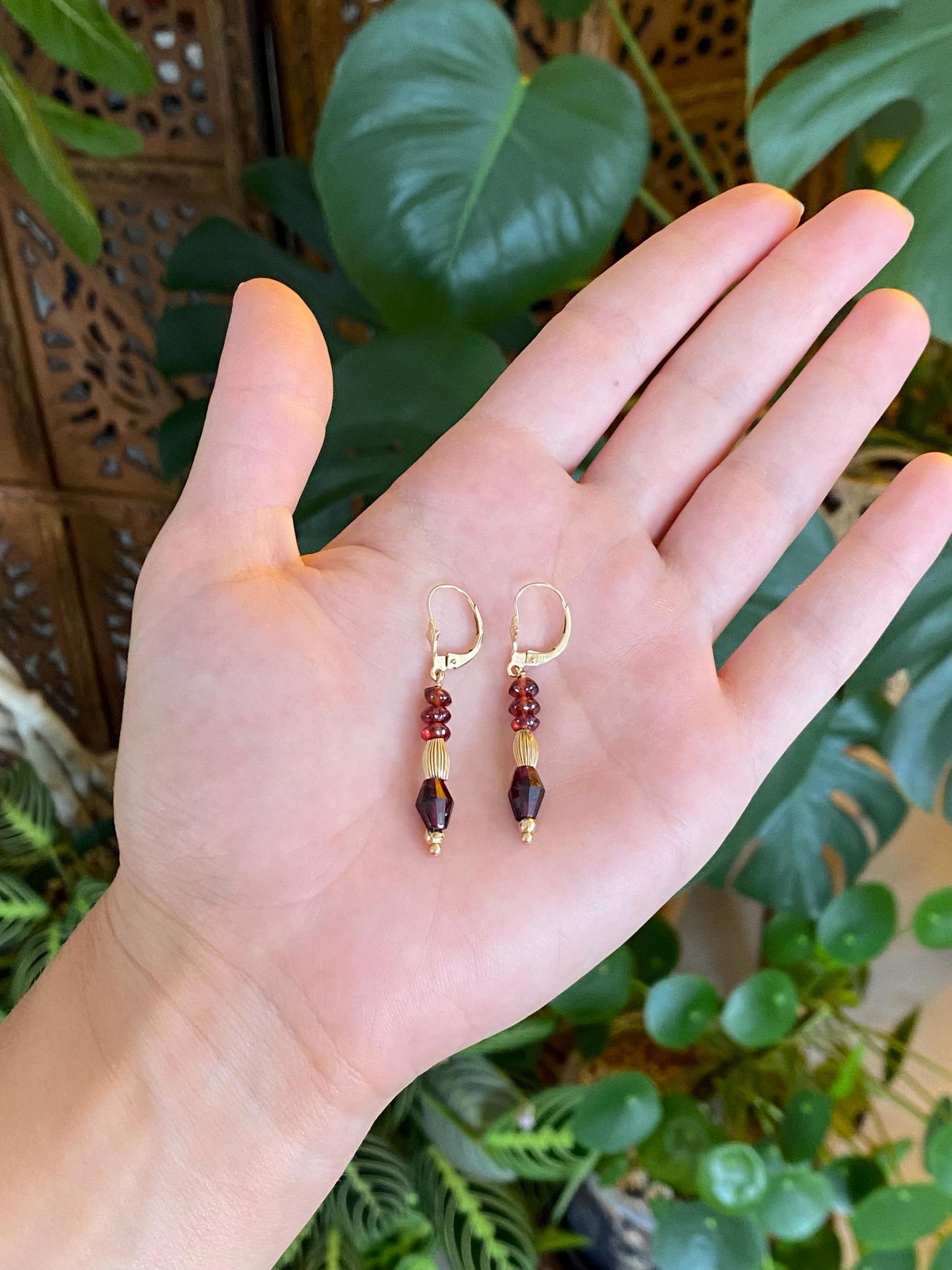 Vintage Solid 14k Yellow Gold Garnet Gold Bead Dangle Earrings