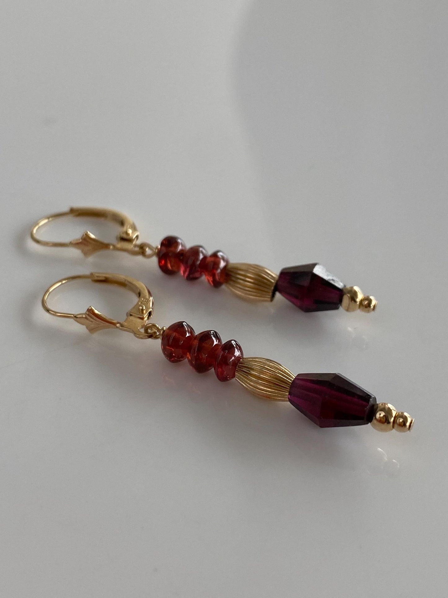 Vintage Solid 14k Yellow Gold Garnet Gold Bead Dangle Earrings