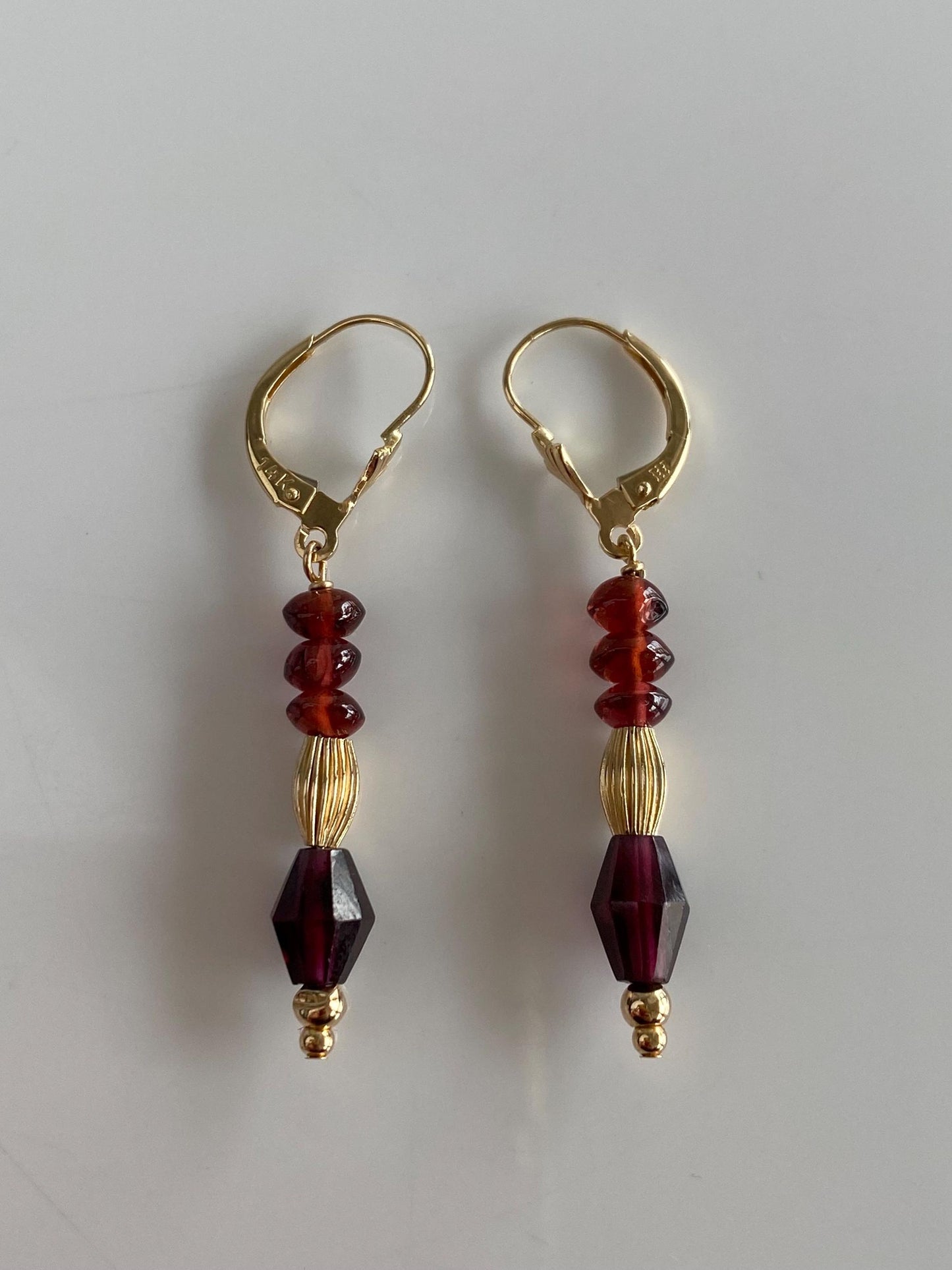 Vintage Solid 14k Yellow Gold Garnet Gold Bead Dangle Earrings