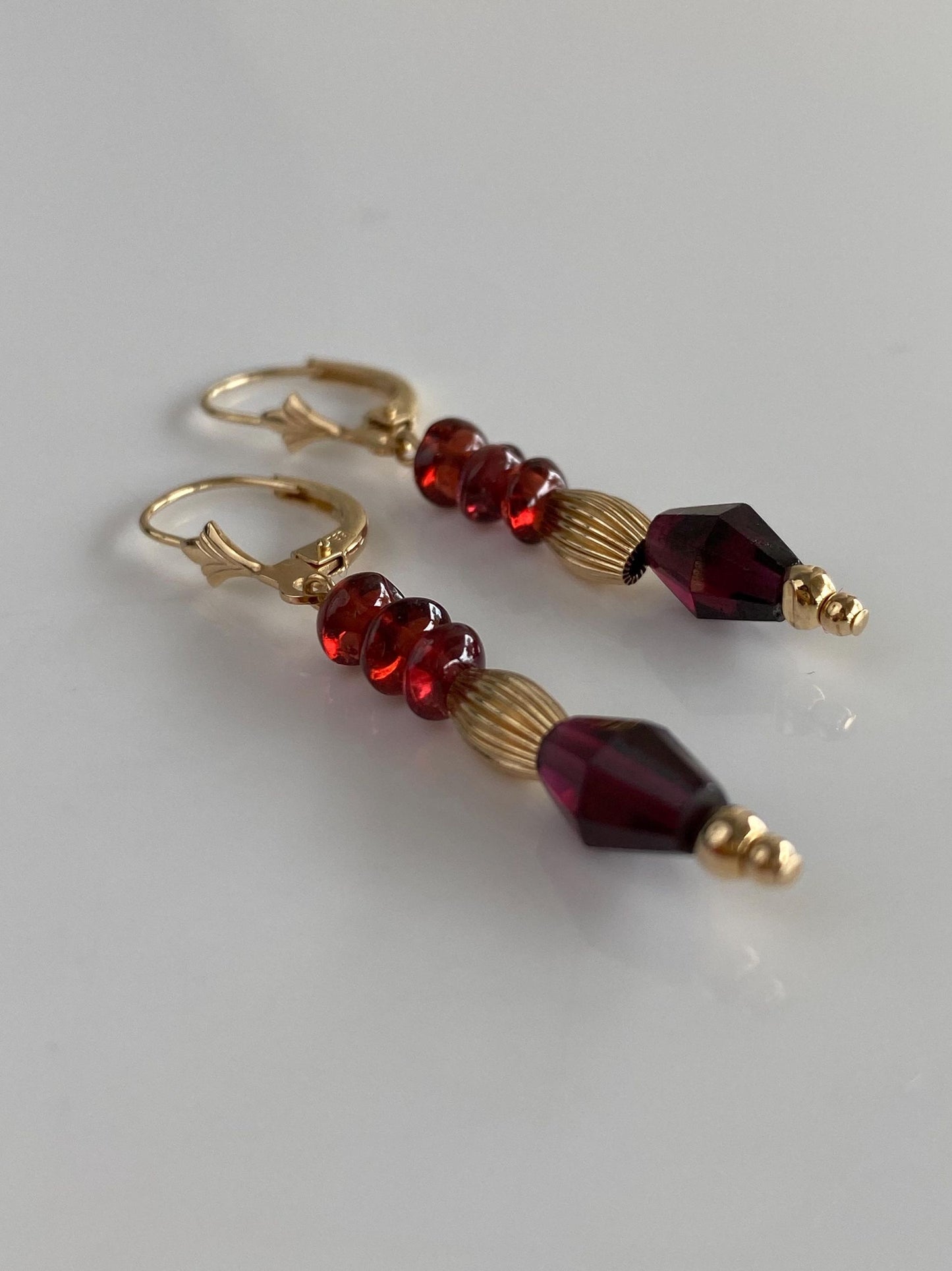 Vintage Solid 14k Yellow Gold Garnet Gold Bead Dangle Earrings