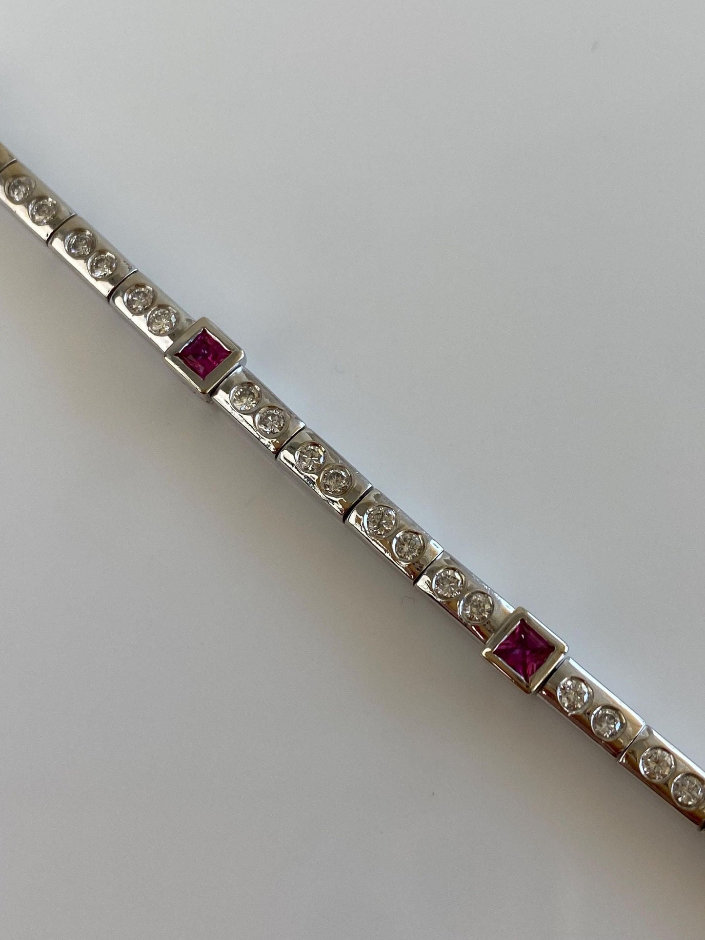 Vintage Solid 18k White Gold Diamond Ruby Link Bracelet - 7 inches