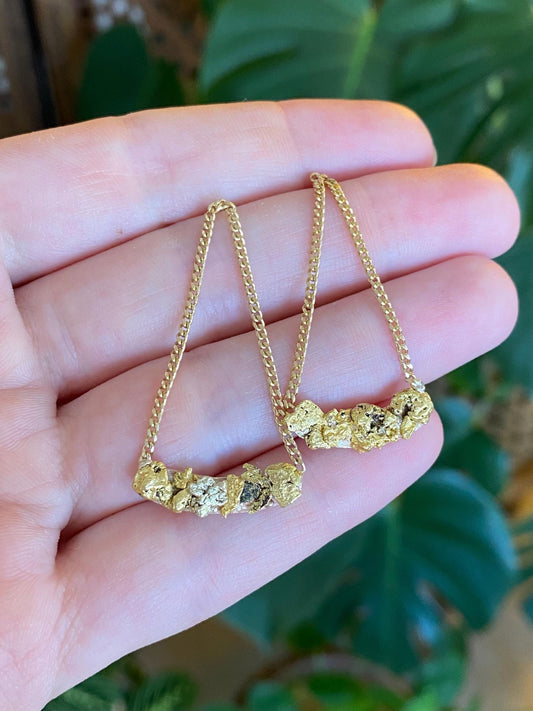 Vintage Solid 18k Yellow Gold Nugget Curb Chain Dangle Stud Earrings