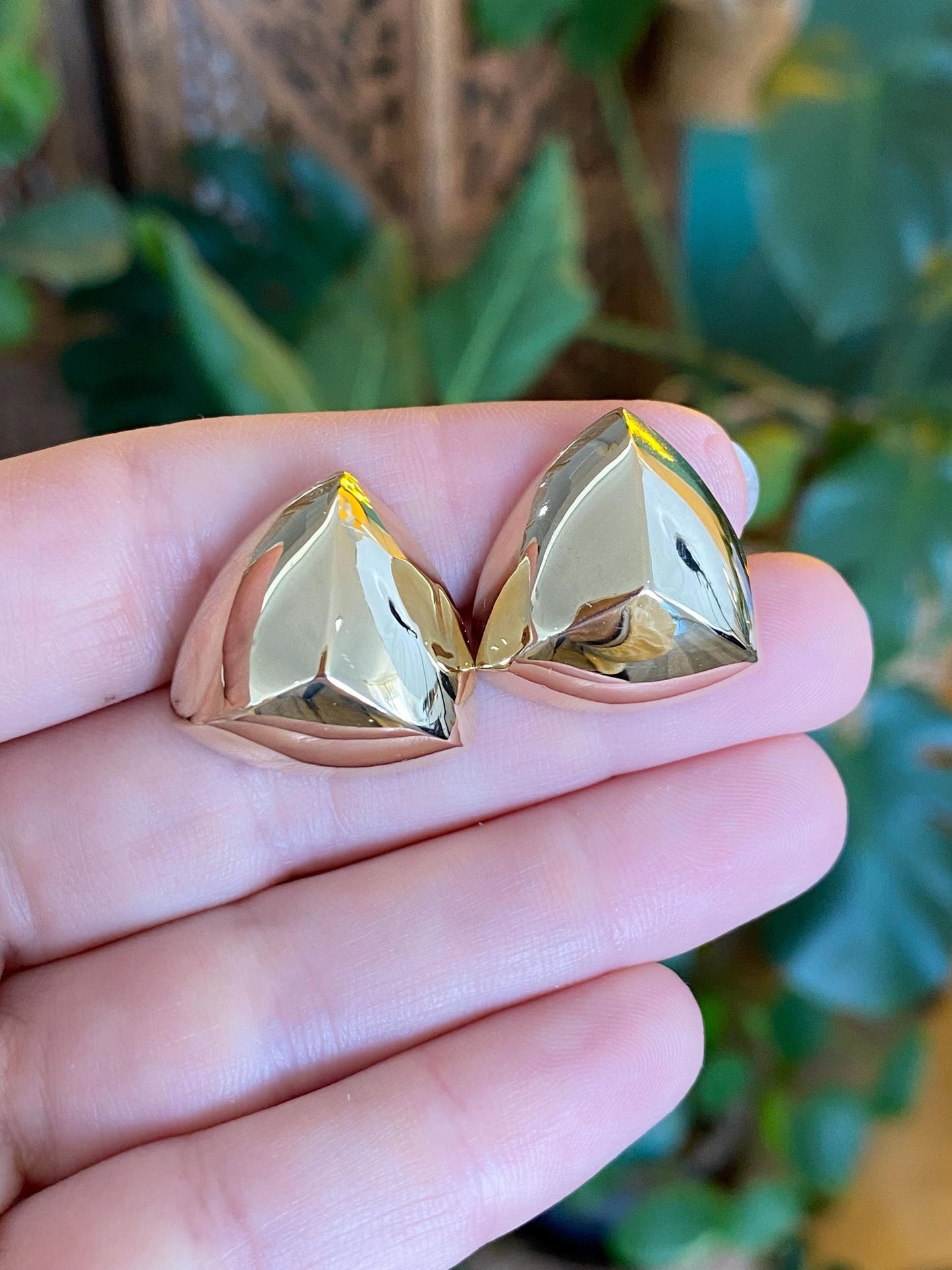 Vintage 14k Yellow Gold Domed Soft Triangle Stud Earrings