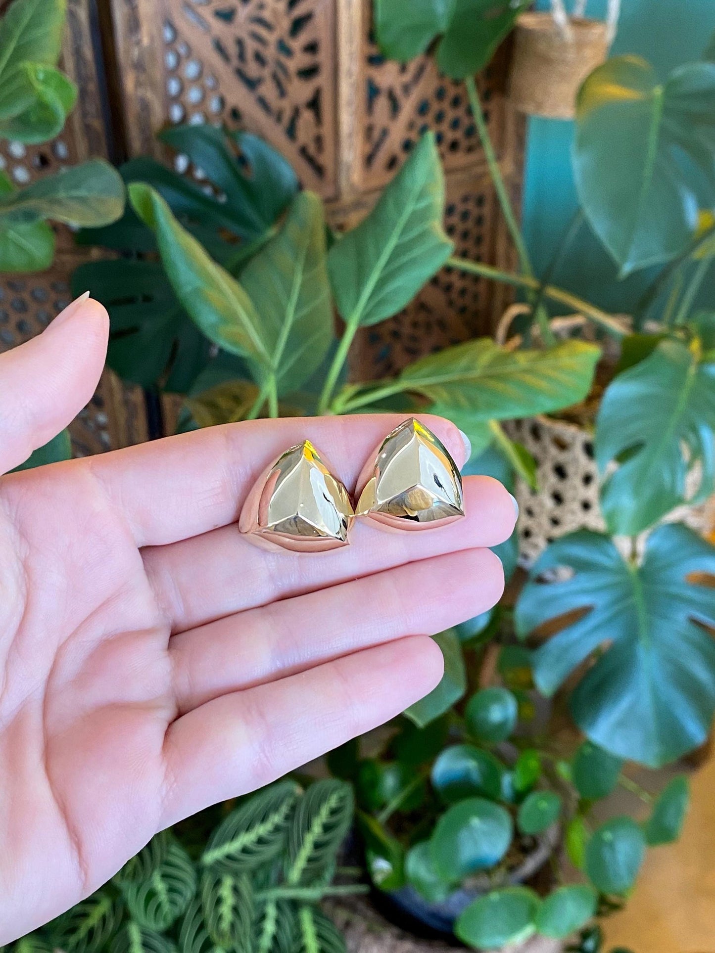 Vintage 14k Yellow Gold Domed Soft Triangle Stud Earrings