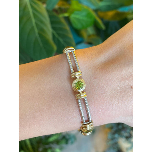 Solid 14k Yellow & White Gold Peridot Line Bracelet - 7 Inches