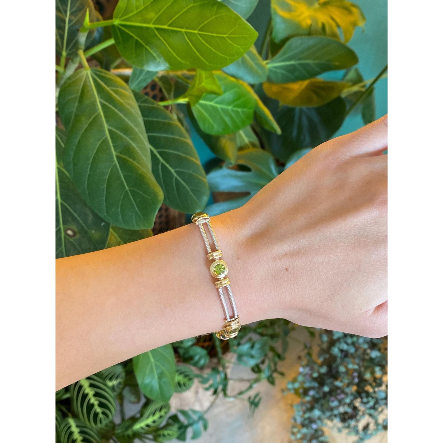 Solid 14k Yellow & White Gold Peridot Line Bracelet - 7 Inches