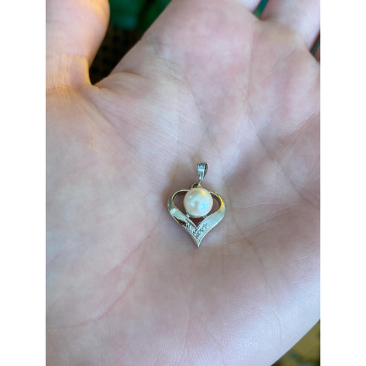 Vintage Solid 14k White Gold Diamond Pearl Heart Charm