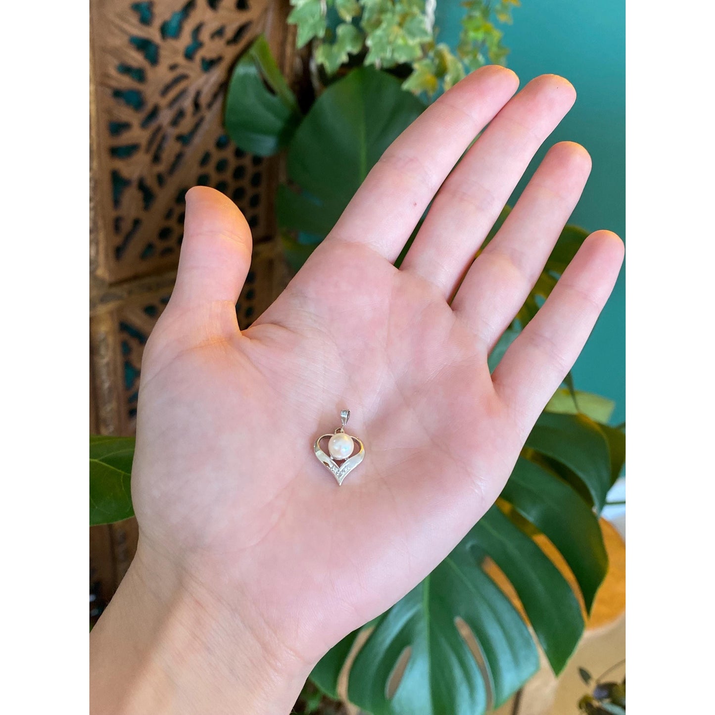 Vintage Solid 14k White Gold Diamond Pearl Heart Charm