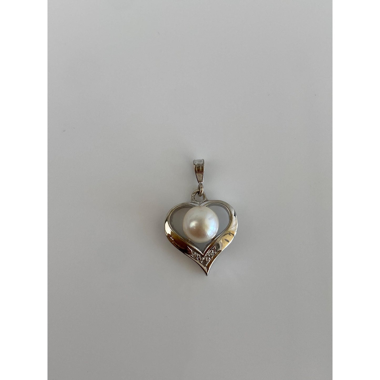 Vintage Solid 14k White Gold Diamond Pearl Heart Charm