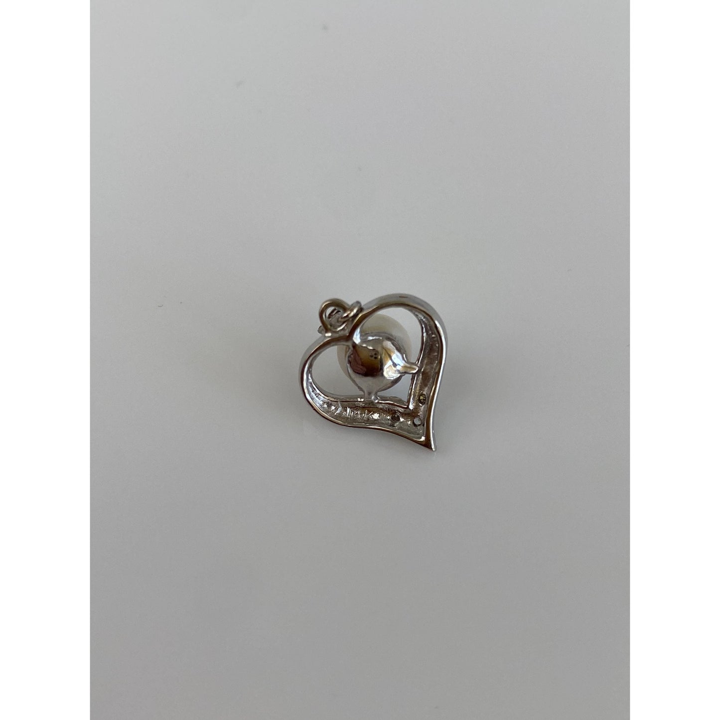 Vintage Solid 14k White Gold Diamond Pearl Heart Charm