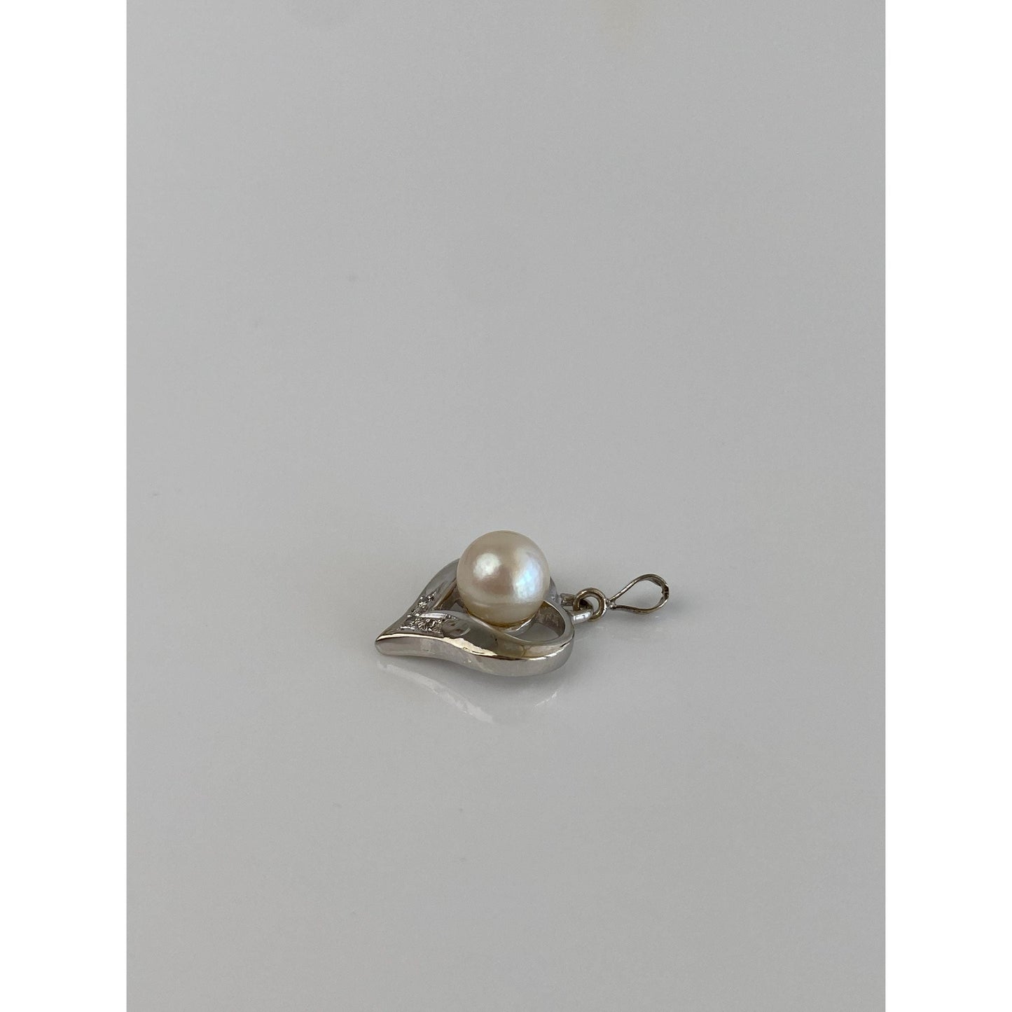 Vintage Solid 14k White Gold Diamond Pearl Heart Charm