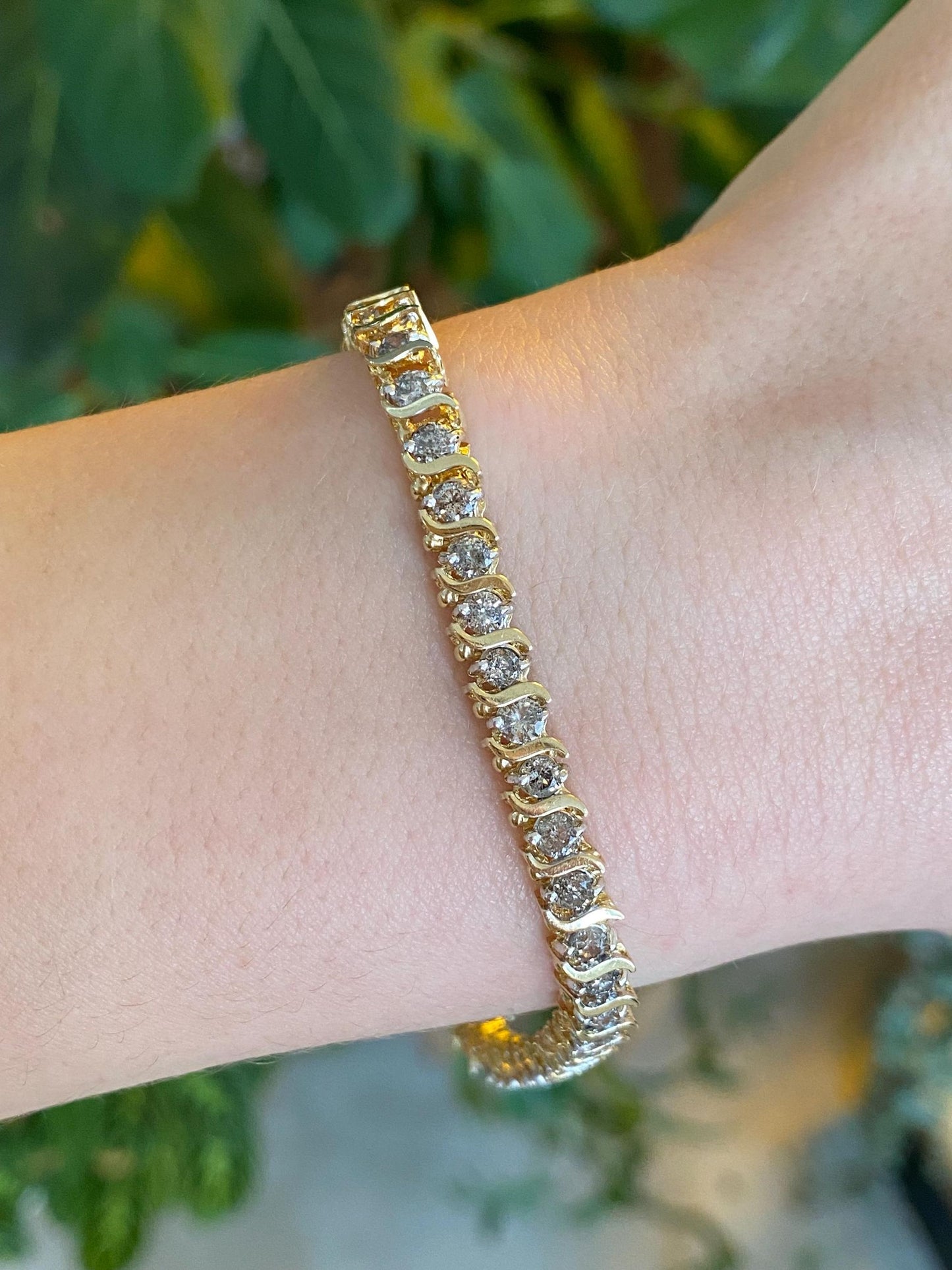 Vintage Solid 14k Yellow Gold 5ct. Diamond S Link Tennis Bracelet - 7.5 Inches