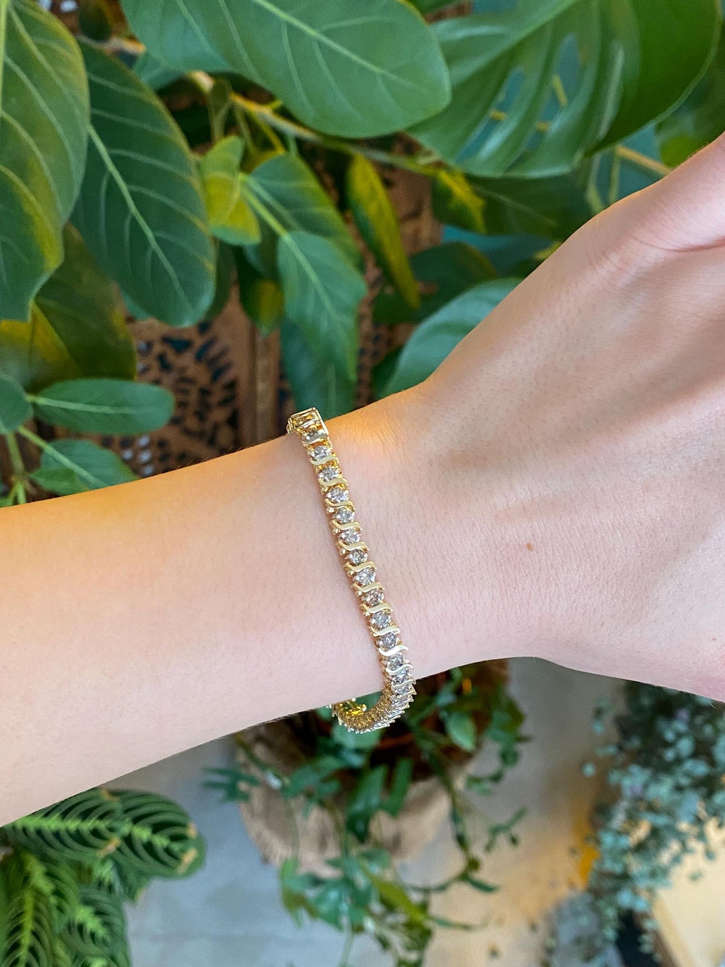 Vintage Solid 14k Yellow Gold 5ct. Diamond S Link Tennis Bracelet - 7.5 Inches