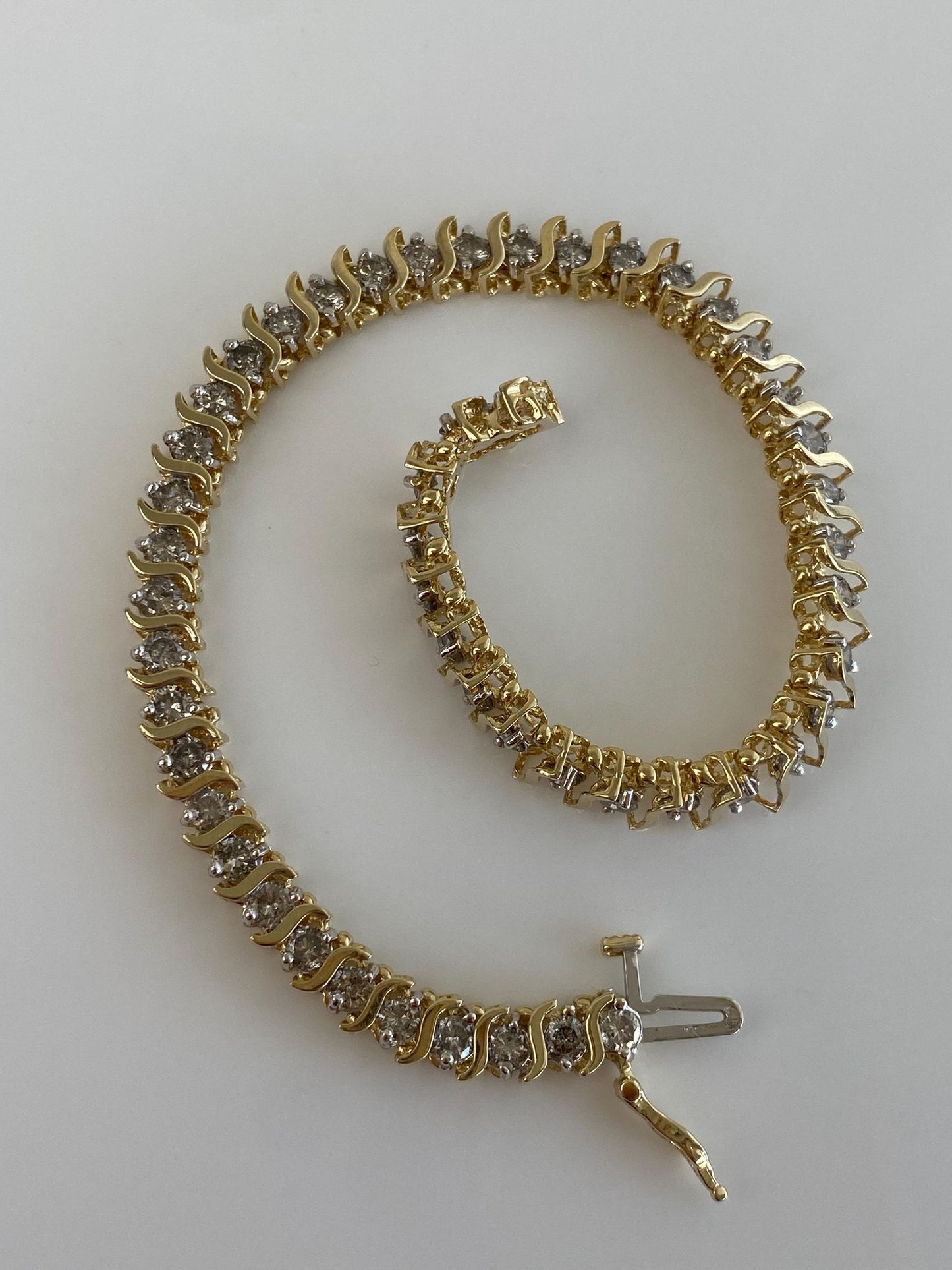 Vintage Solid 14k Yellow Gold 5ct. Diamond S Link Tennis Bracelet - 7.5 Inches