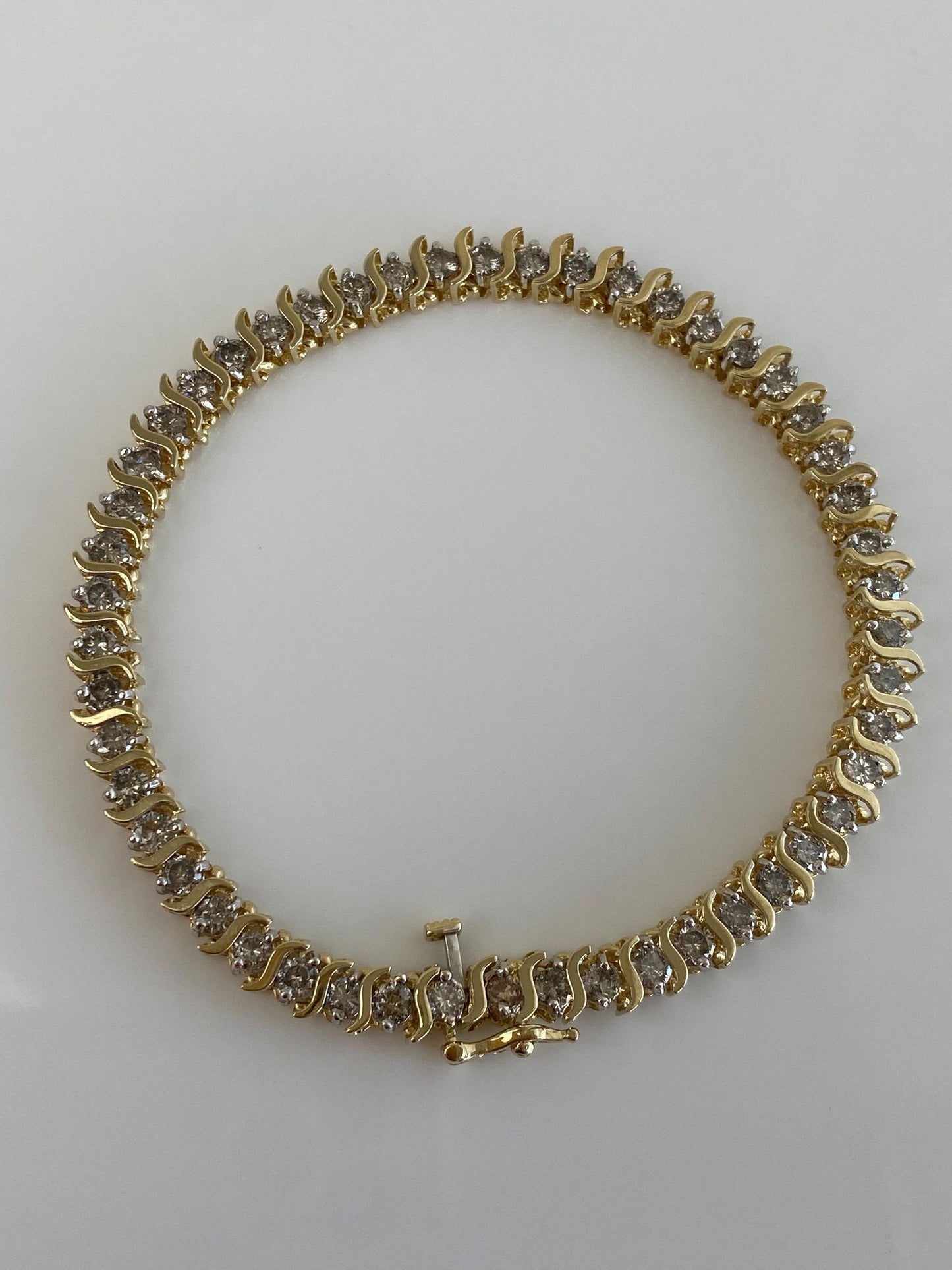 Vintage Solid 14k Yellow Gold 5ct. Diamond S Link Tennis Bracelet - 7.5 Inches